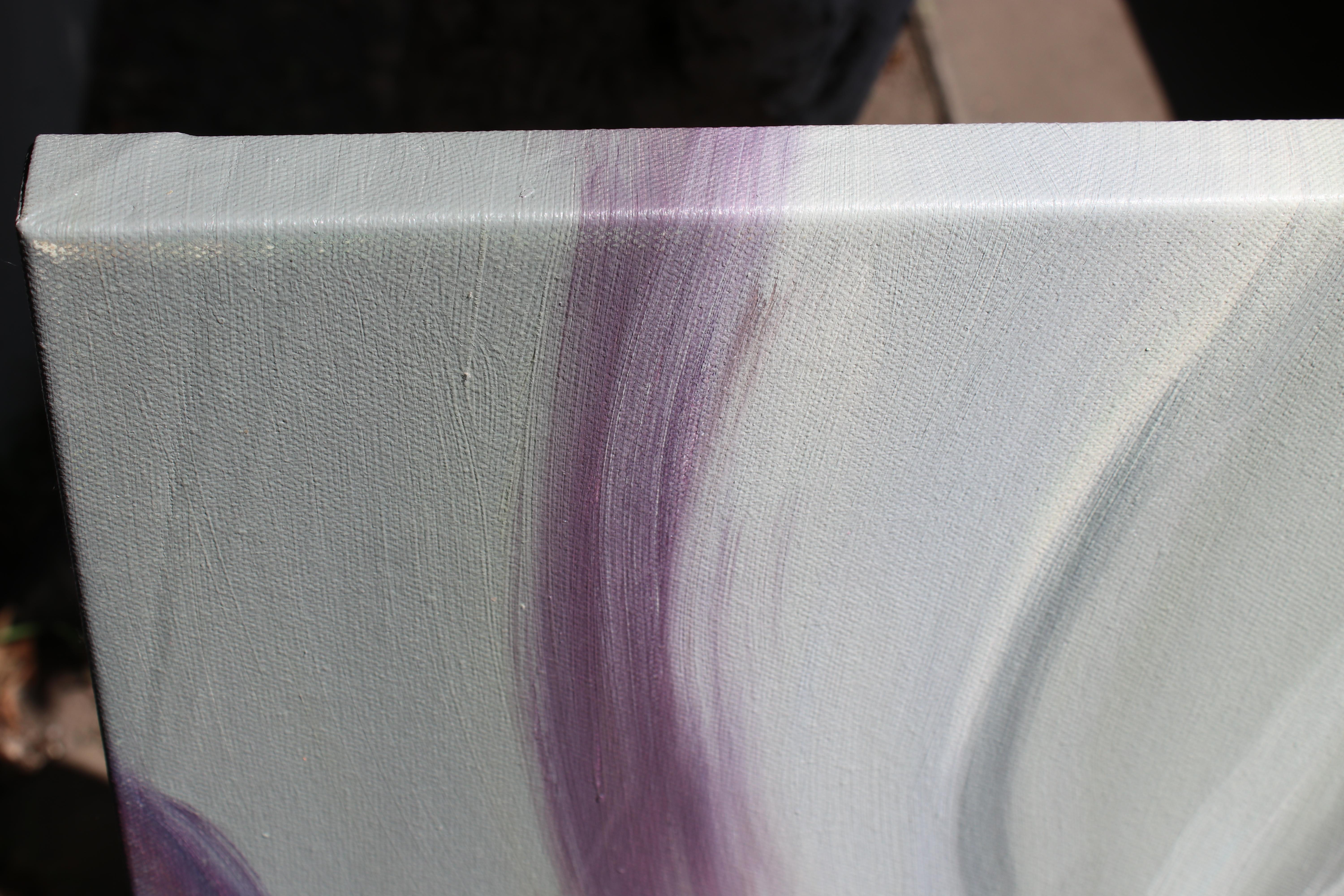 Peinture à l'huile abstraite sur toile en bleu violet et crème 38 x 38 pouces « Mixed Feelings » en vente 1