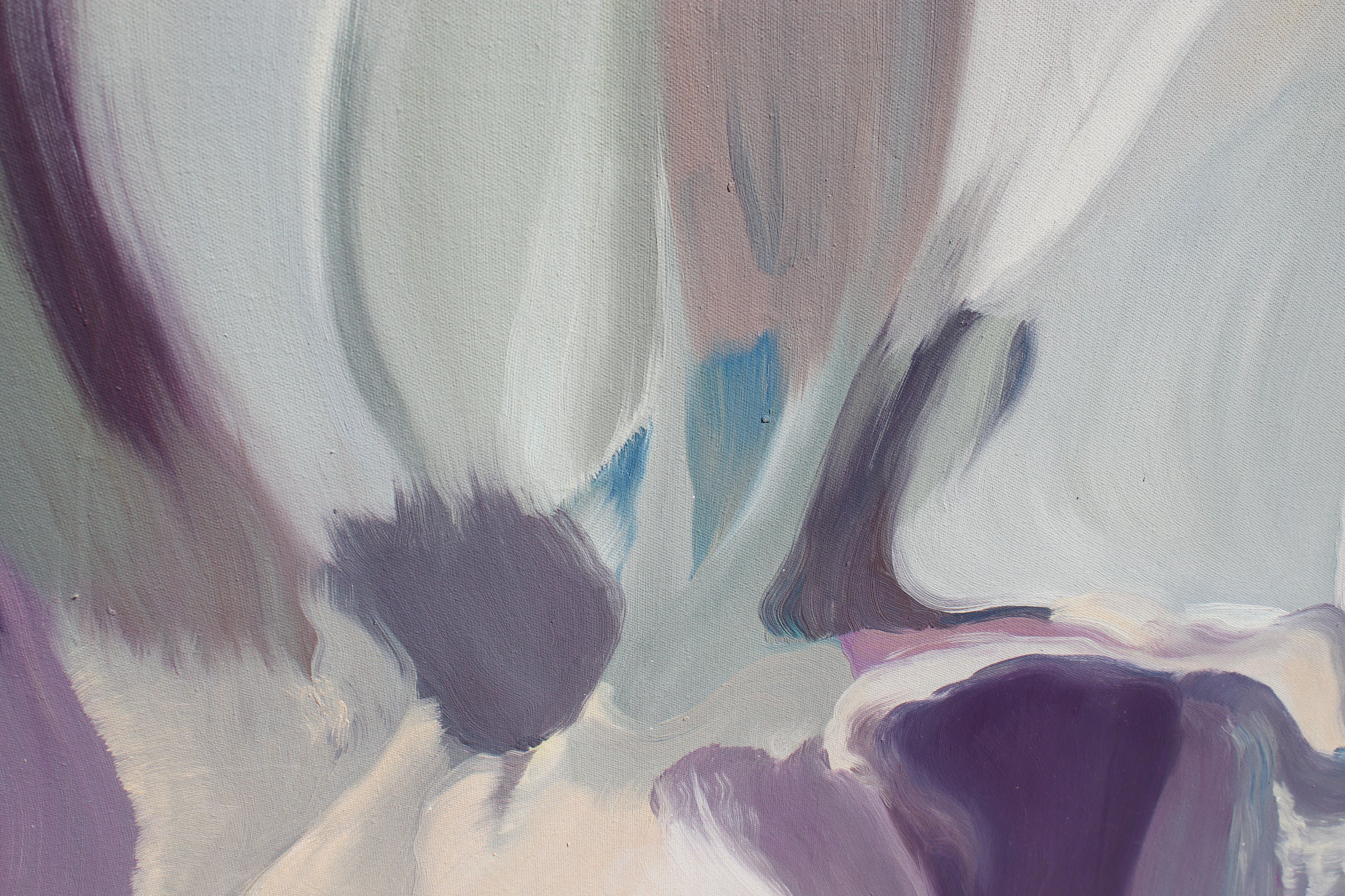 Peinture à l'huile abstraite sur toile en bleu violet et crème 38 x 38 pouces « Mixed Feelings » en vente 2