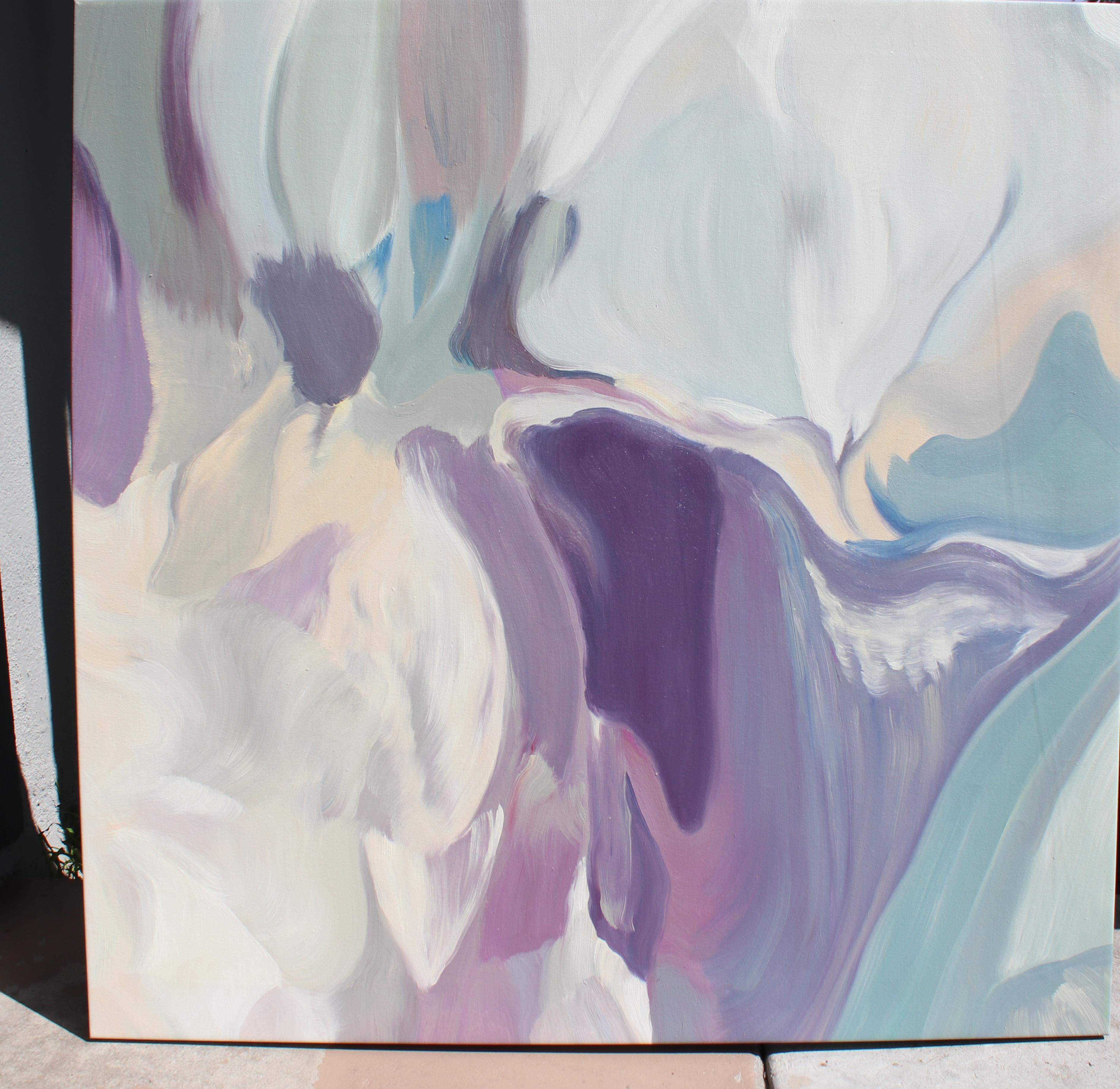 Peinture à l'huile abstraite sur toile en bleu violet et crème 38 x 38 pouces « Mixed Feelings » en vente 3