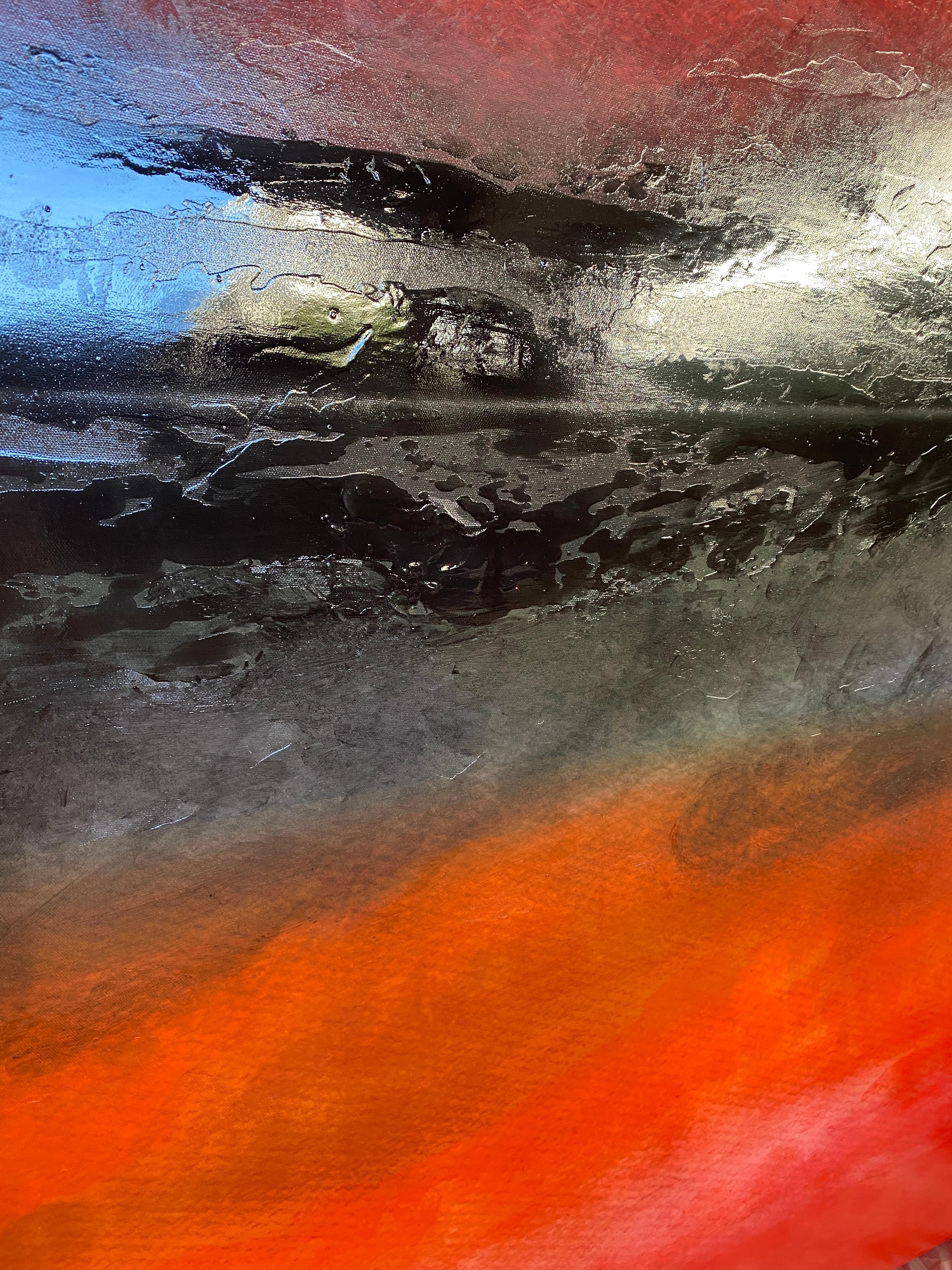 Abstraktes abstraktes rot-schwarzes Farbblock-Gemälde in Mischtechnik auf Leinwand 40 B x 60 H