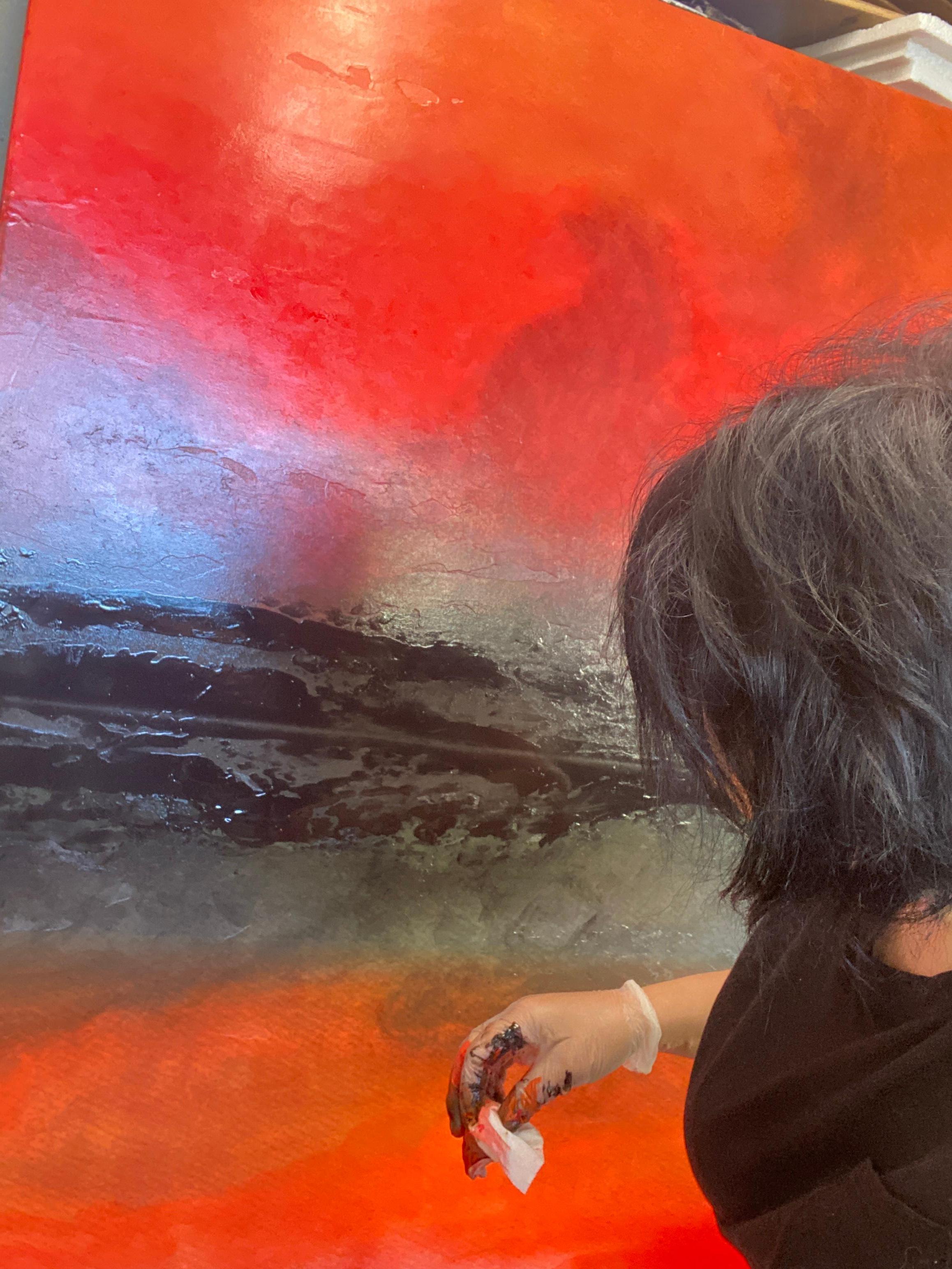 Pittura astratta a blocchi di colore rosso nero su tela 40L x 60H