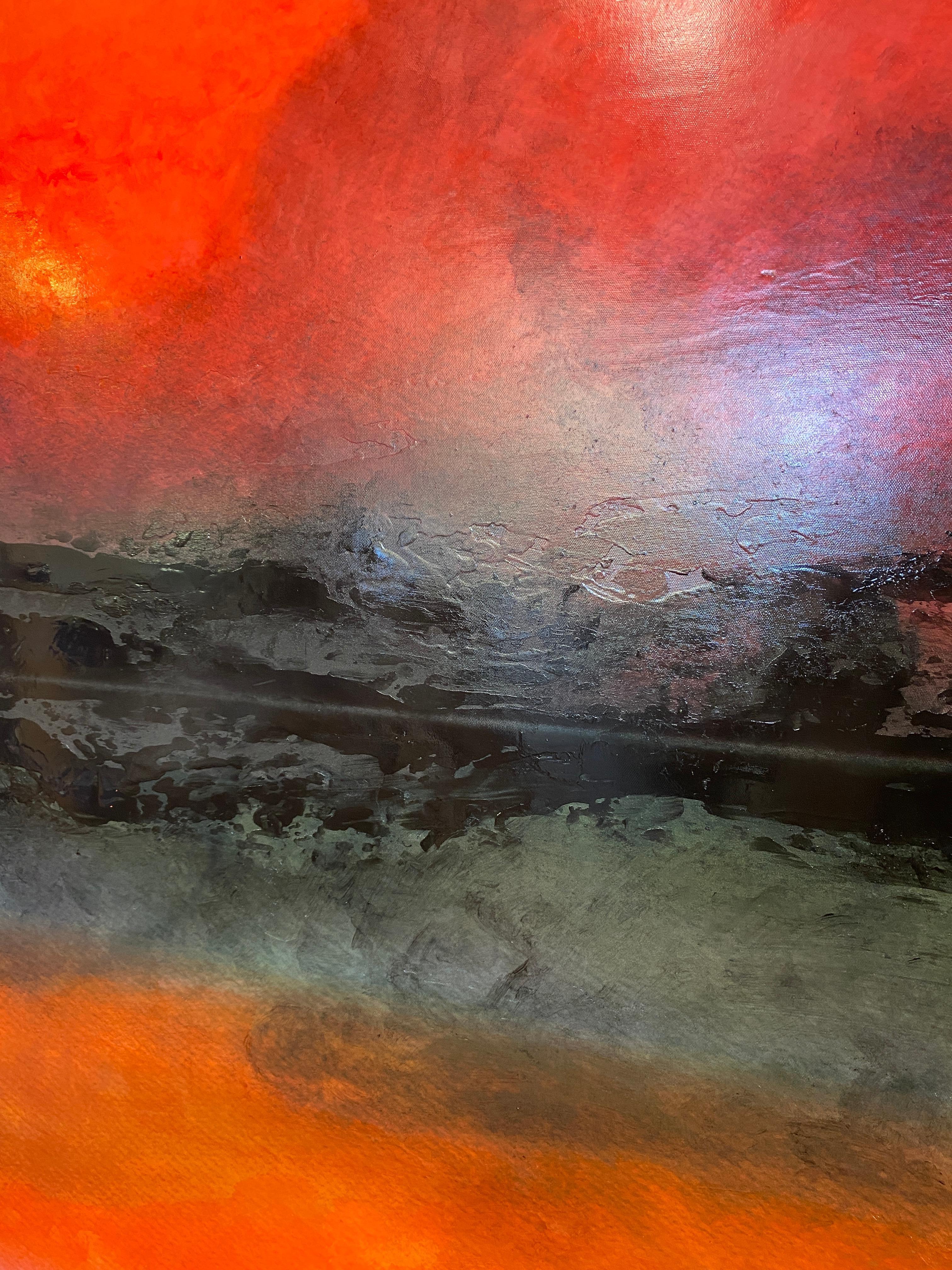 Pittura astratta a blocchi di colore rosso nero su tela 40L x 60H