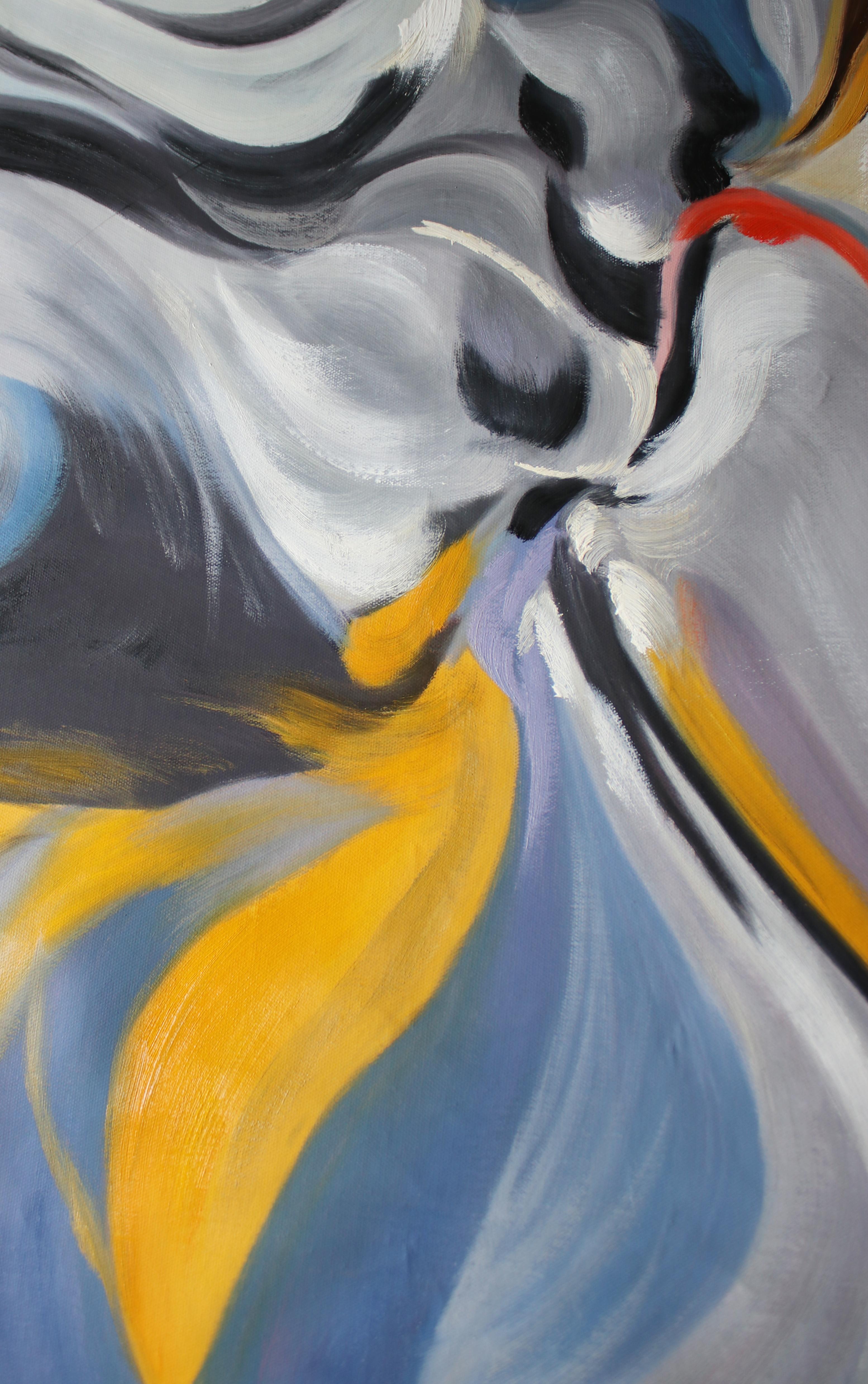 Abstraktes abstraktes gelb-blau-graues Acrylgemälde, 48W X 36