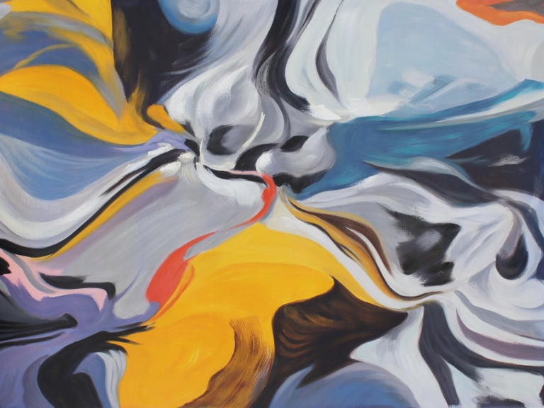 Irena Orlov Abstract Yellow Blue Gray Acrylic Painting, 48W X 36"H