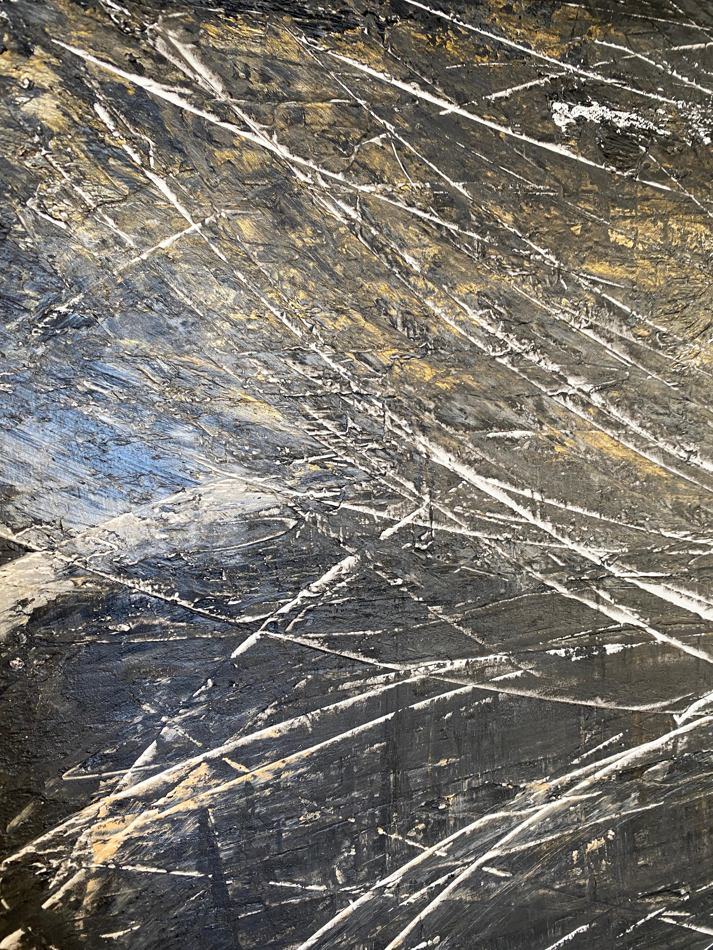 Schwarzweißes zeitgenössisches Gemälde auf Leinwand mit Goldkante, Evolution, 36x48 Zoll  im Angebot 5