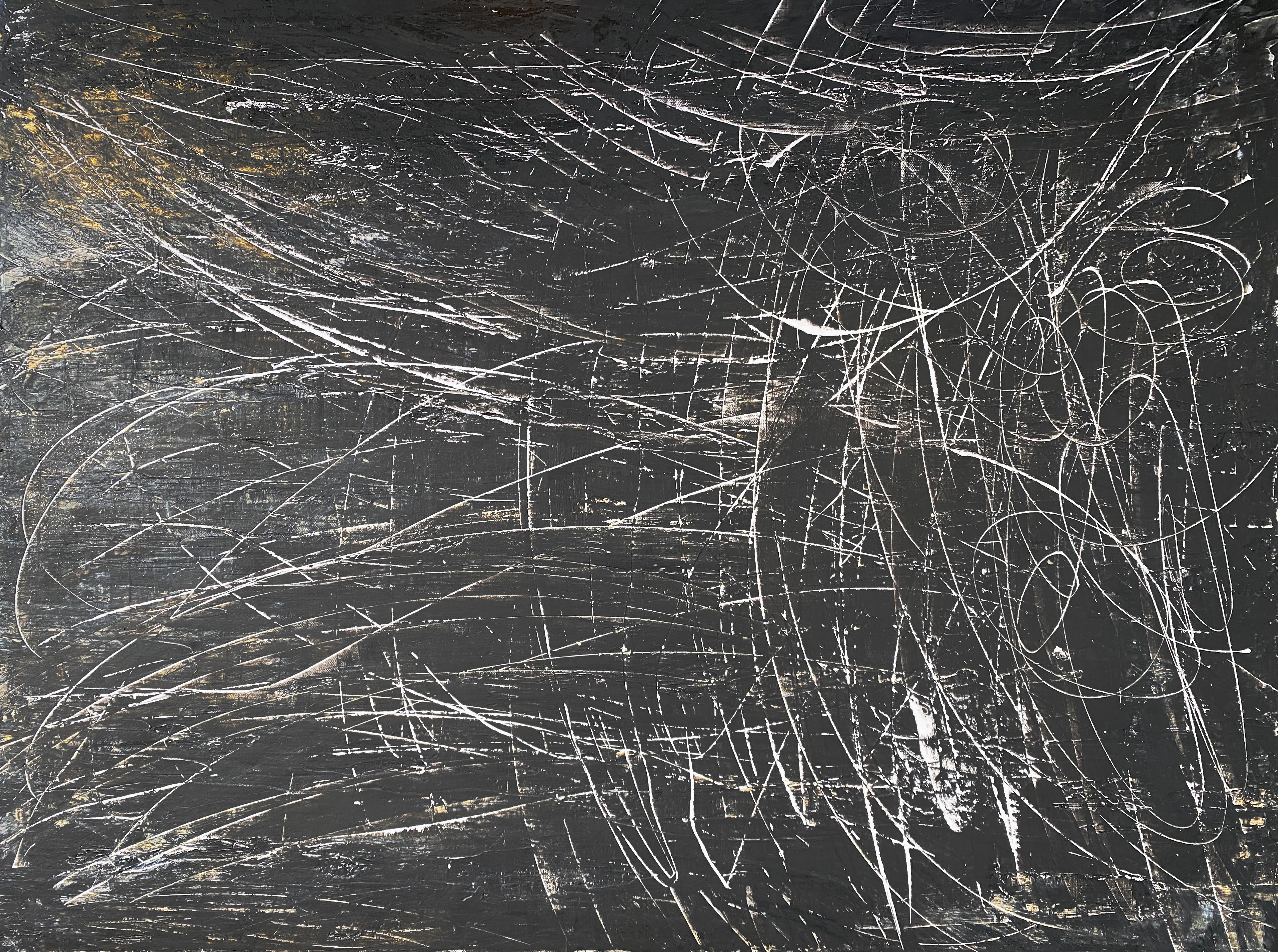 Schwarzweißes zeitgenössisches Gemälde auf Leinwand mit Goldkante, Evolution, 36x48 Zoll  – Painting von Irena Orlov