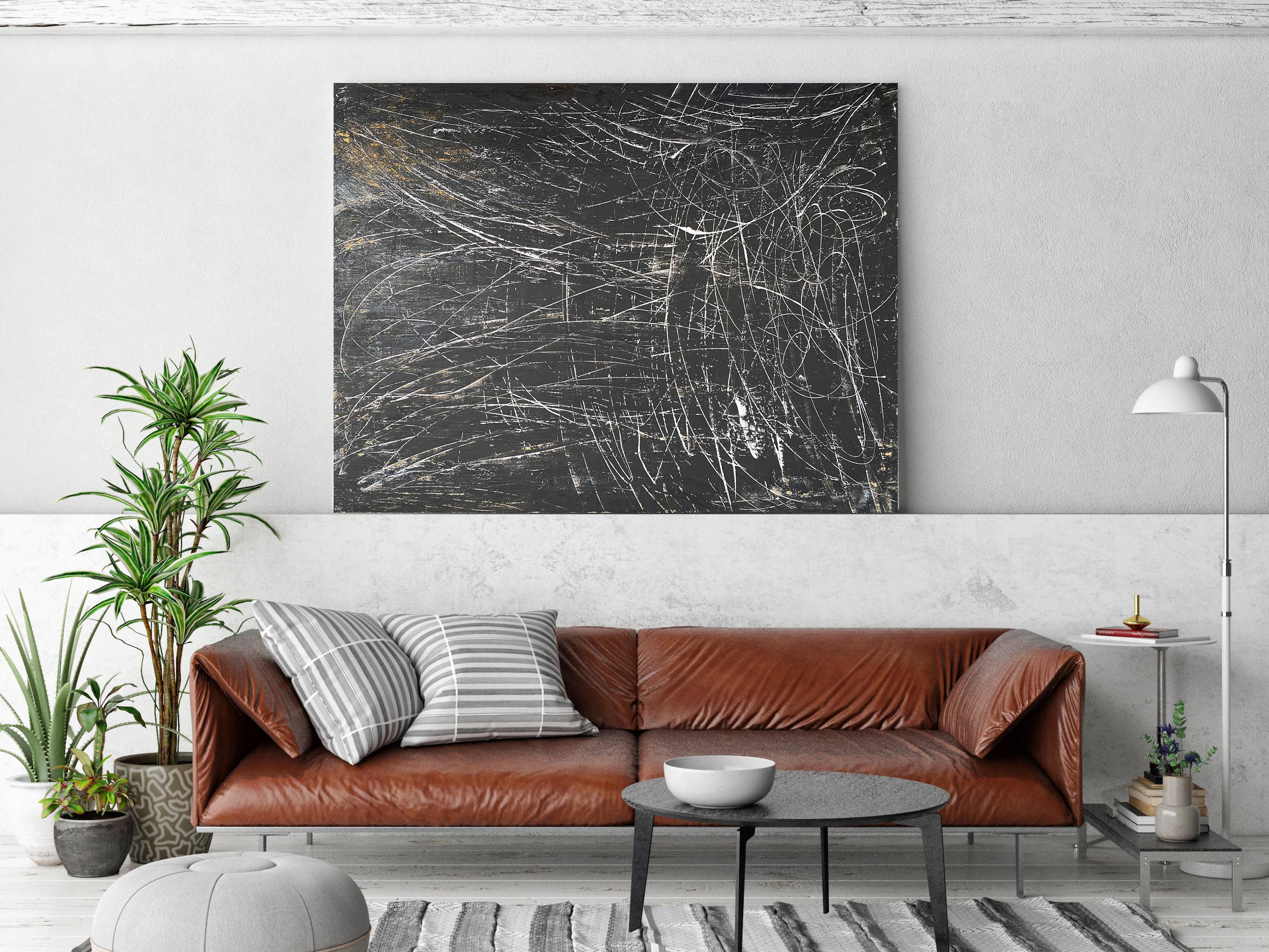 Irena Orlov Abstract Painting – Schwarzweißes zeitgenössisches Gemälde auf Leinwand mit Goldkante, Evolution, 36x48 Zoll 