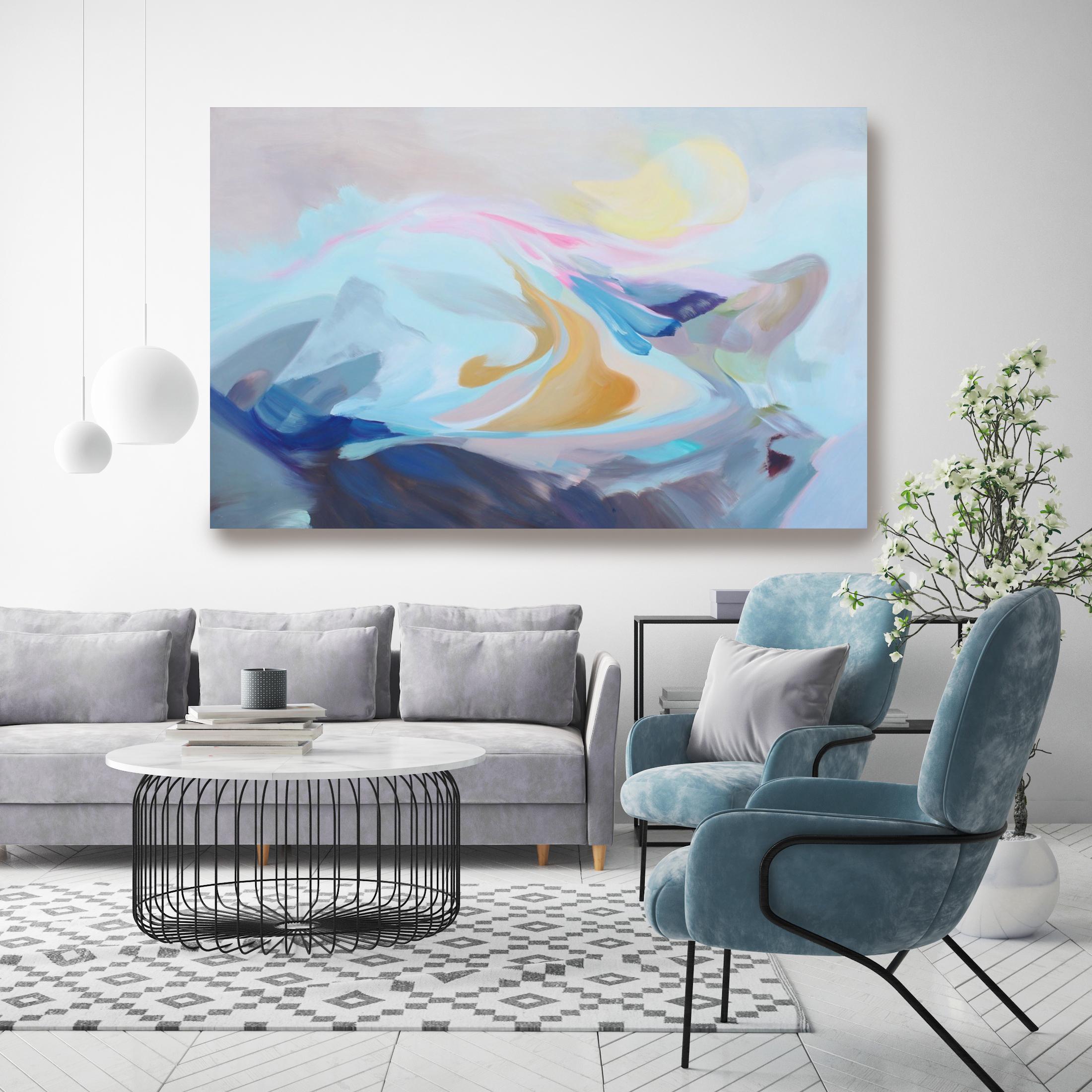 Irena Orlov Interior Painting - Coastal Blue Pink Abstract Acrylic Painting on Canvas The Song of Blue Water