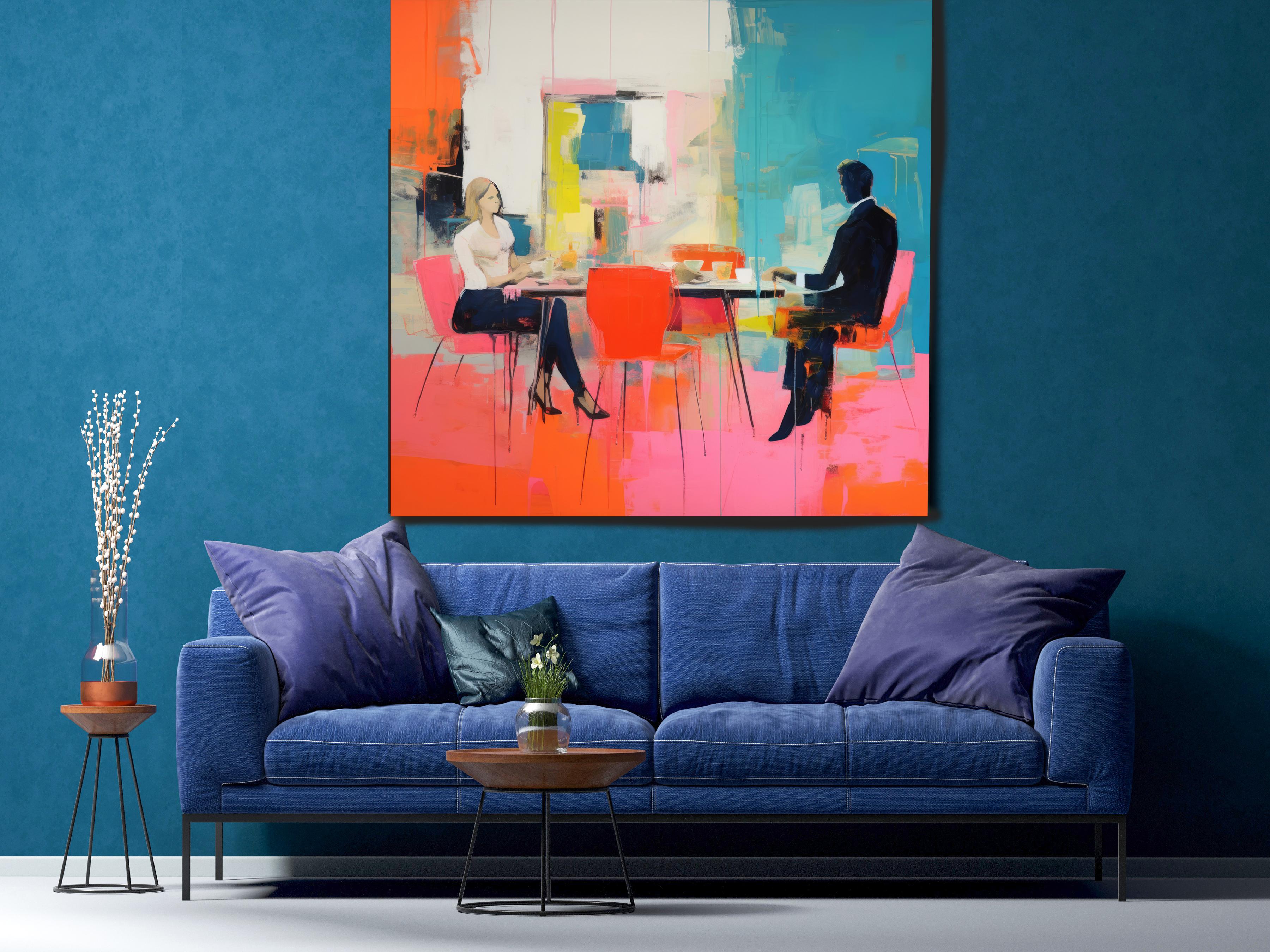 Dinner Business Meeting -Midcentury Modern Limited Edition Textured Canvas Print - Cubist Painting by Irena Orlov