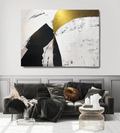 Quadro astratto nero oro 60H X 80 "L, Equilibrio del dramma, struttura minimalista
