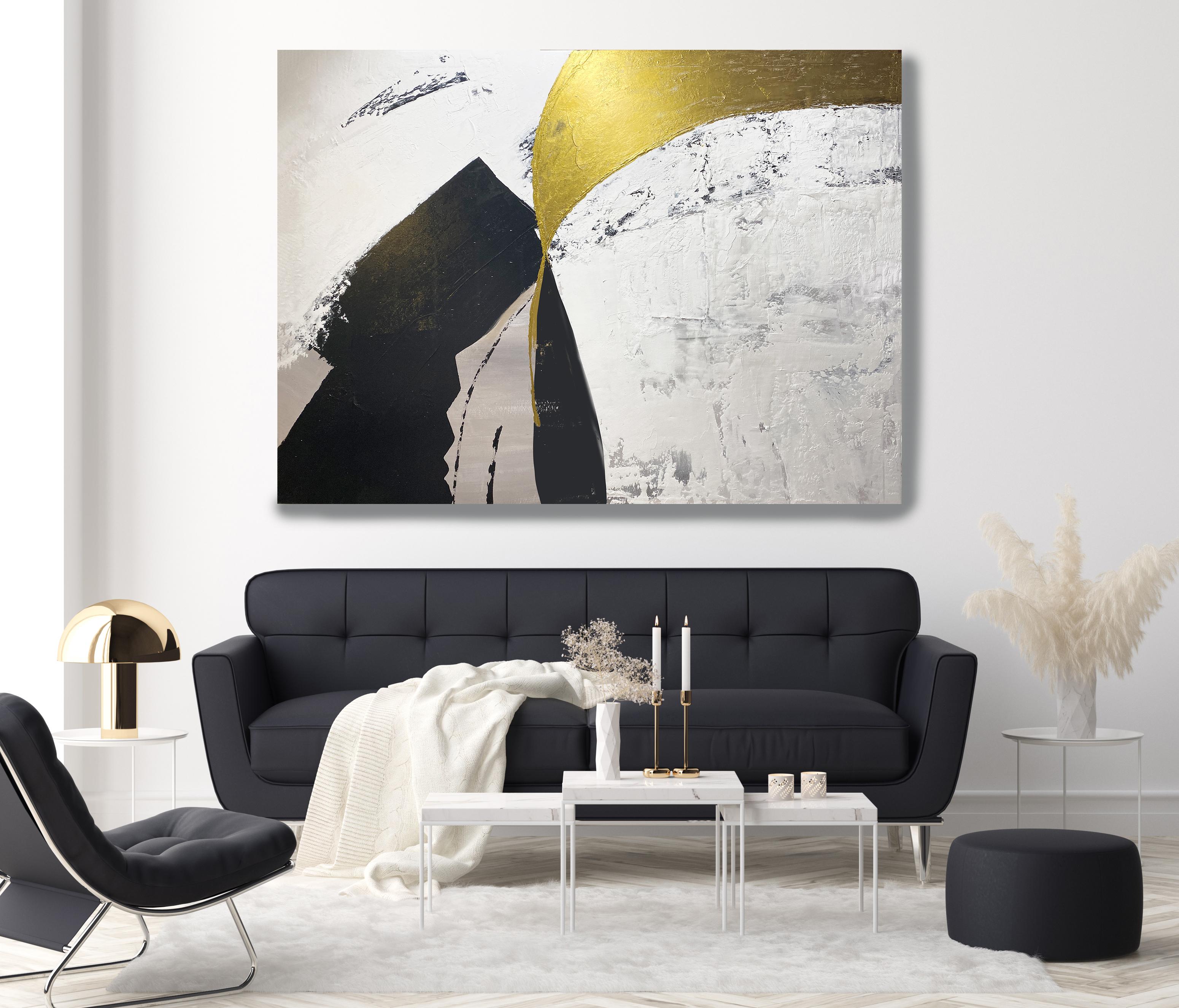 Gold Black White Abstract Mixed Media Painting 60H X 80