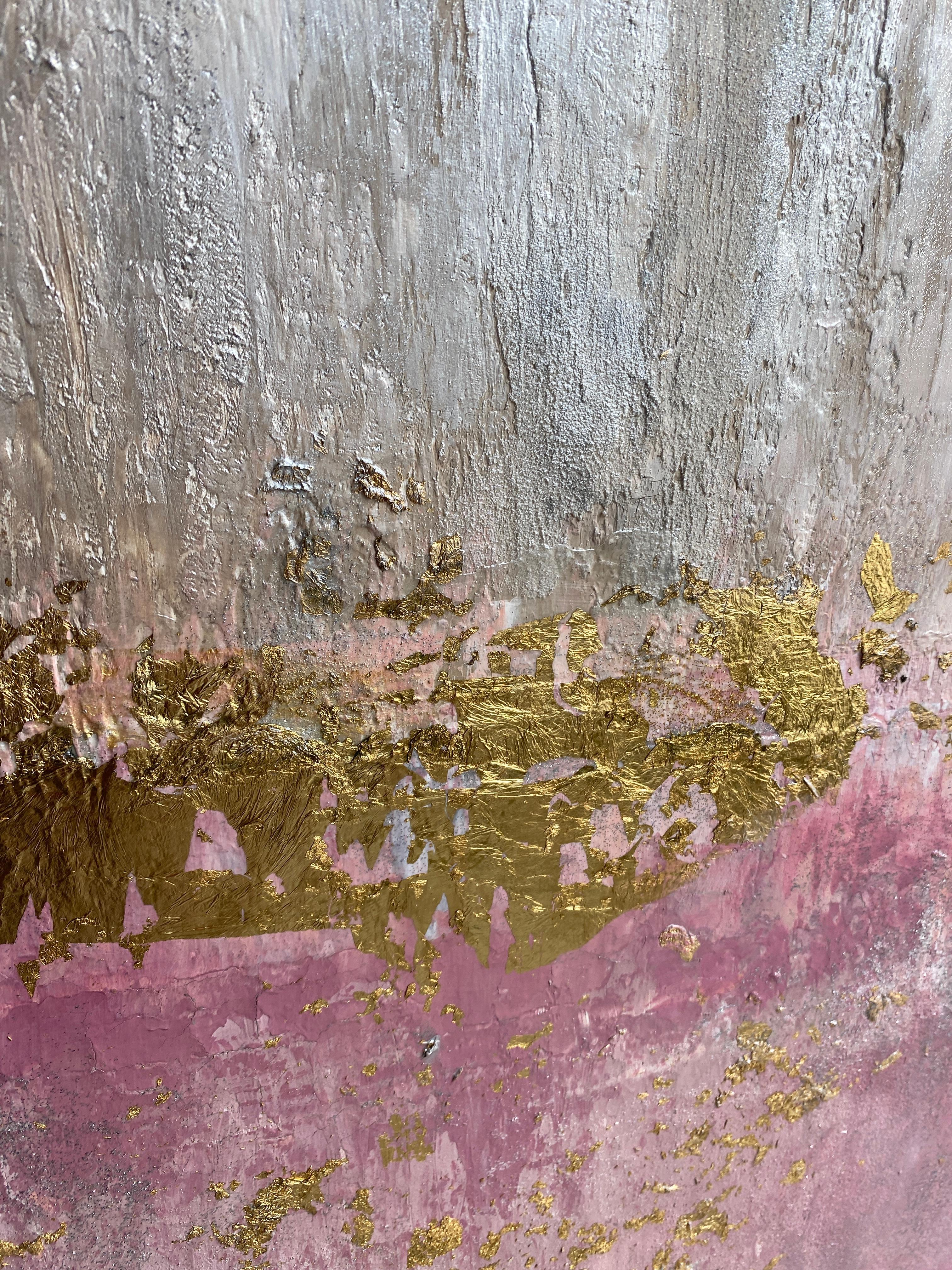 Gold Leaf Pink Silver Abstract Textured Art on Canvas 36 x 48