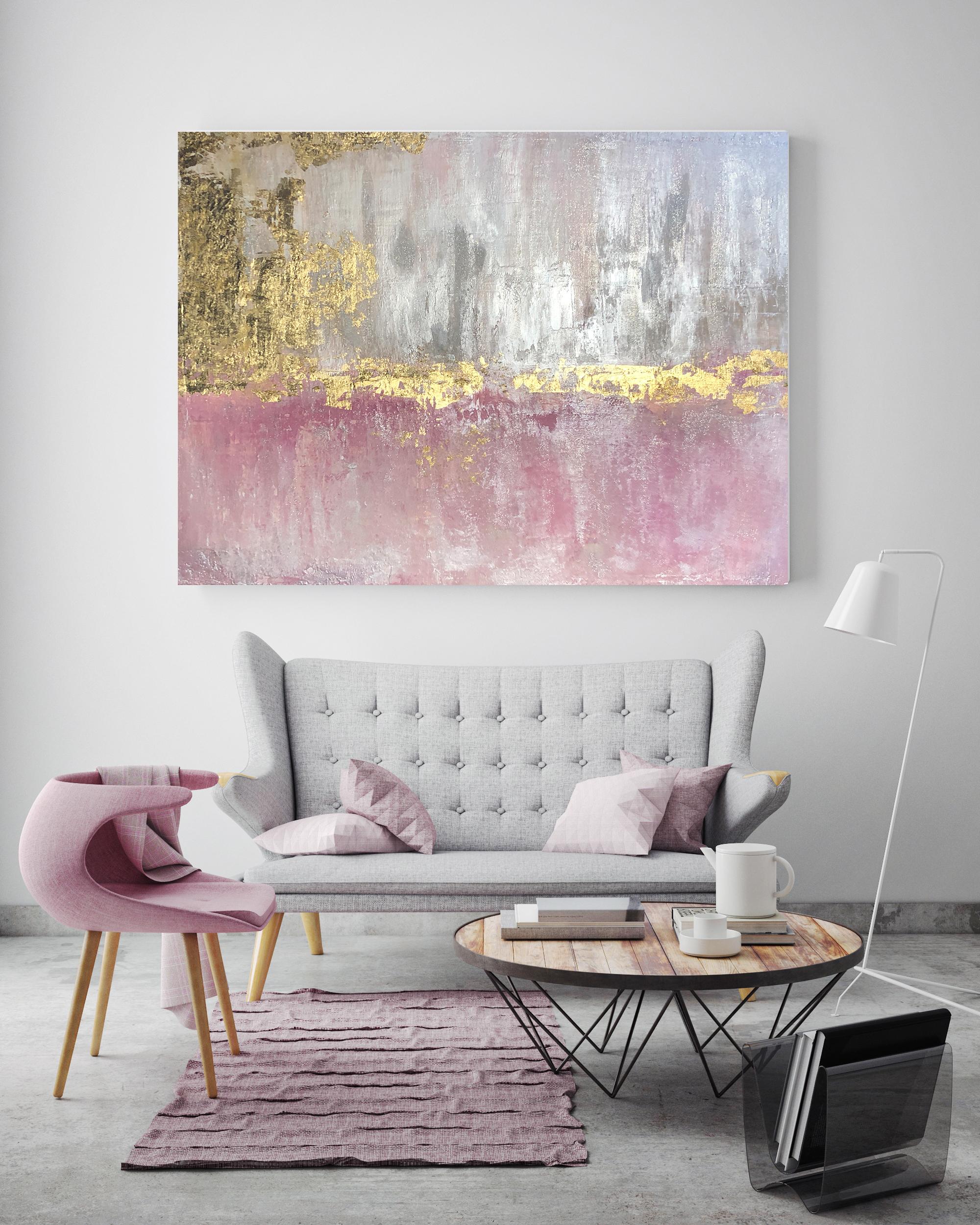 Gold Leaf Pink Silver Abstract Textured Art on Canvas 36 x 48