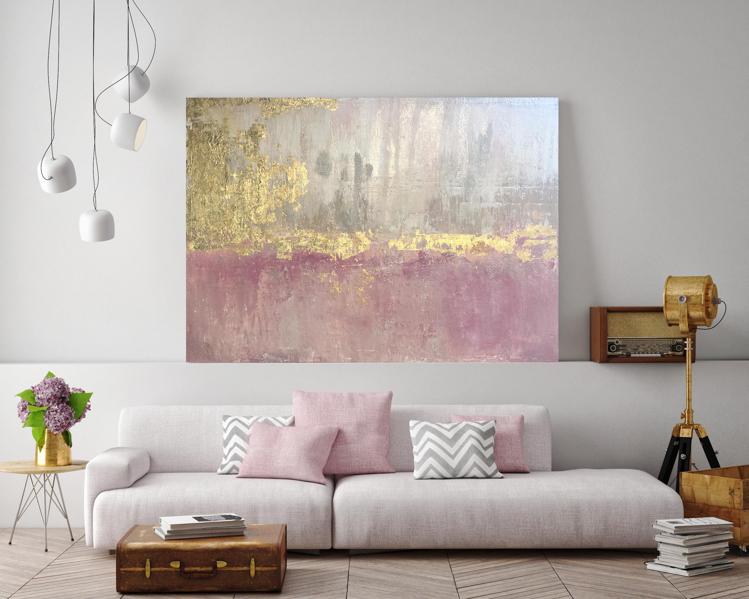 Irena Orlov Abstract Painting - Gold Leaf Pink Silver Abstract Textured Art on Canvas 36 x 48" Pink Golden Fog