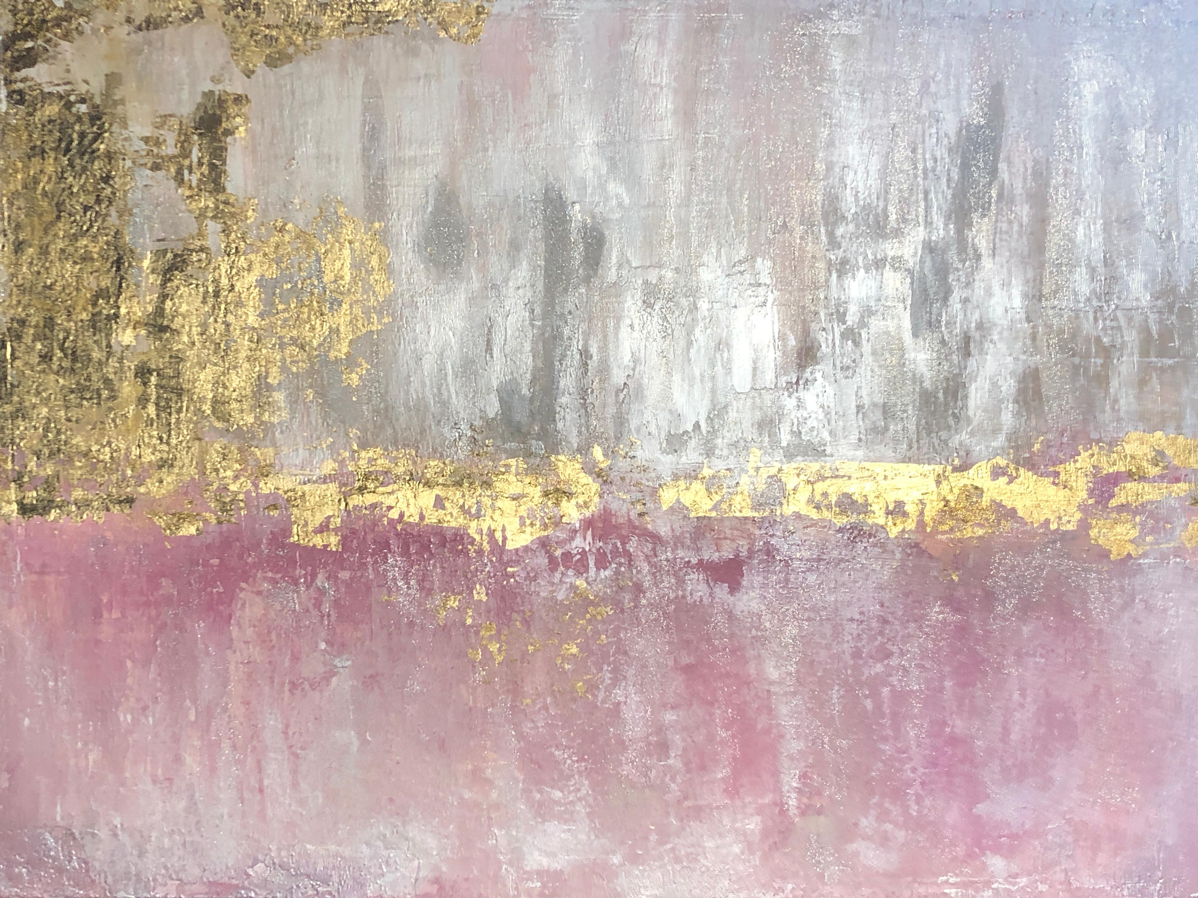 Art sur toile texturé abstrait à la feuille d'or et à l'argent rose - Broche dorée rose sur toile - 91 x 122 cm - Painting de Irena Orlov
