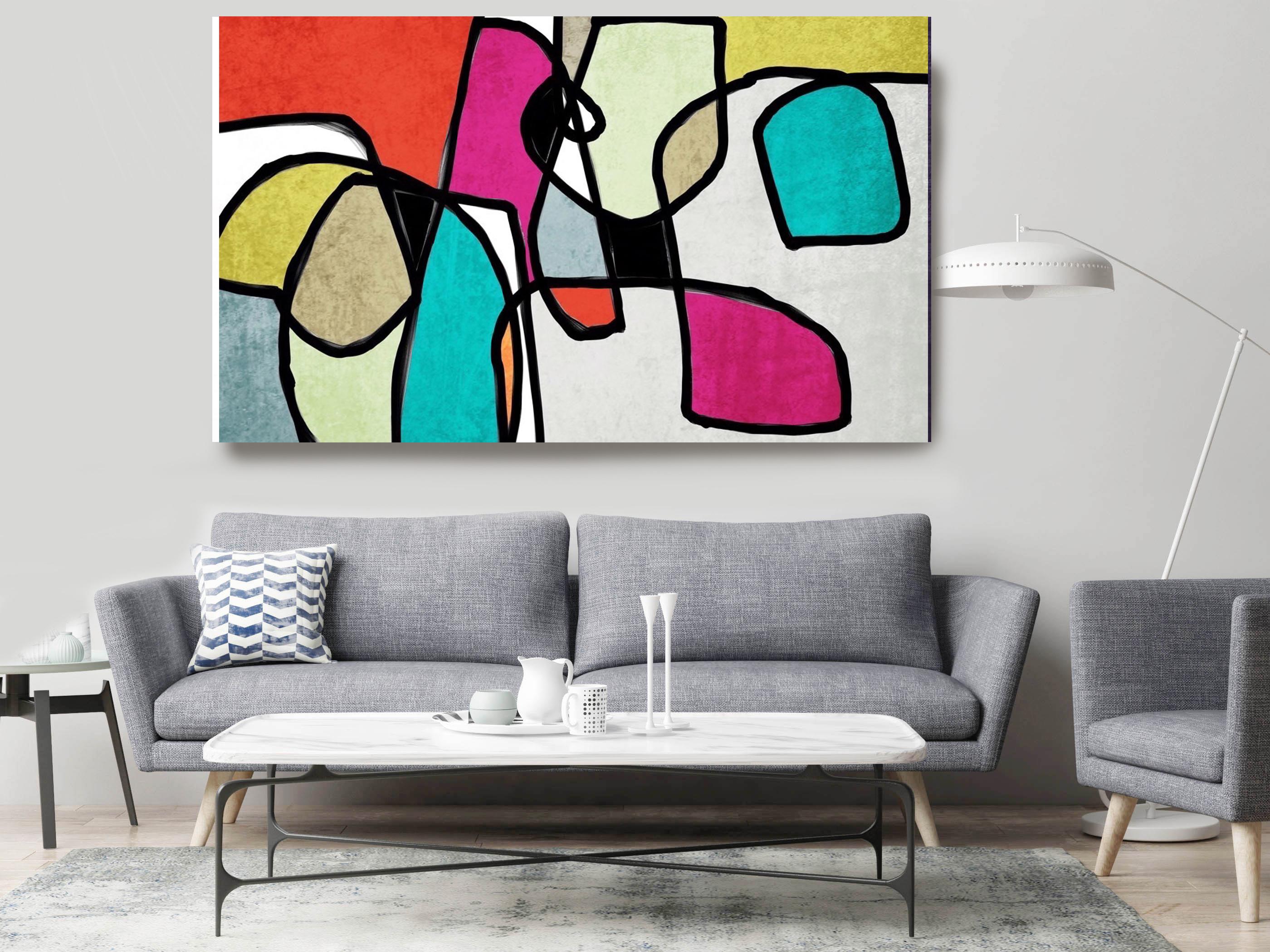 Pintura al óleo moderna de mediados de siglo Lienzo 48 x 71" Colorido vibrante