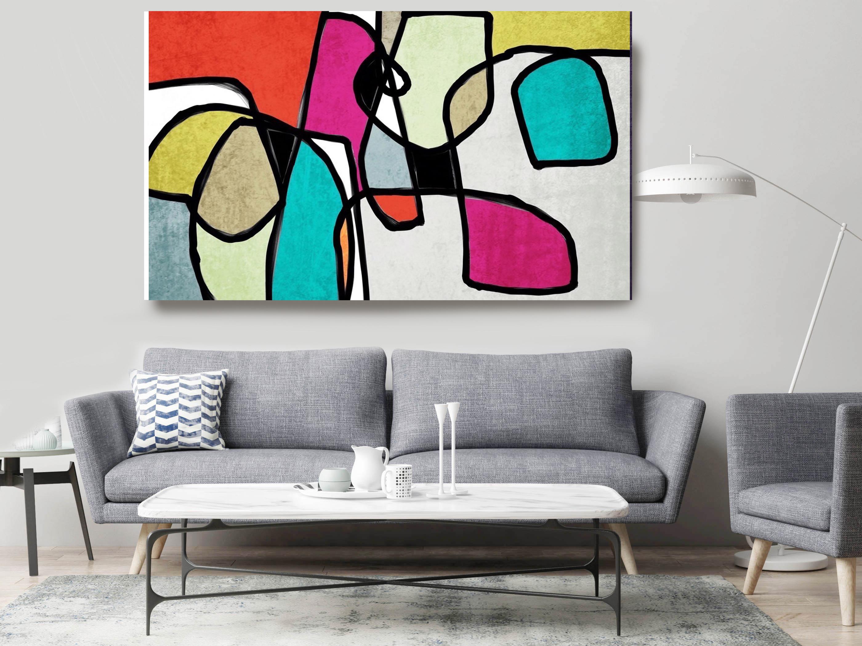 Mid Century Modern Oil Painting Canvas 48 x 71" Vibrant Colorful