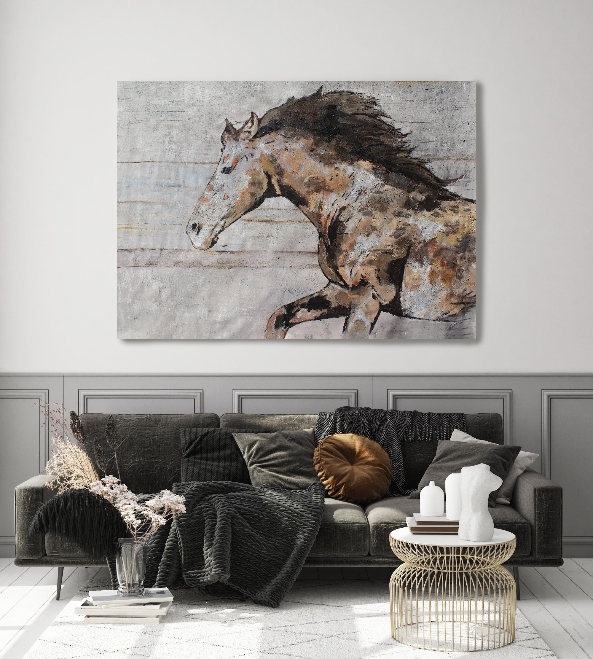 Irena Orlov Animal Painting – Natürliches, rustikales Pferd, Ölgemälde auf Leinwand, Reiterkunst, 72 B X 48" H, gerollt