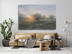 Nature Oil Painting Canvas, Foggy Sunset 57H x 72W, Landscape Rustic Painting