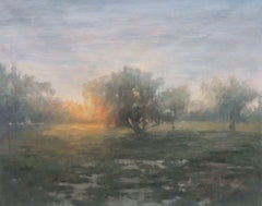 Nature Oil Painting Canvas, Foggy Sunset 57H x 72W, Landscape Rustic Painting