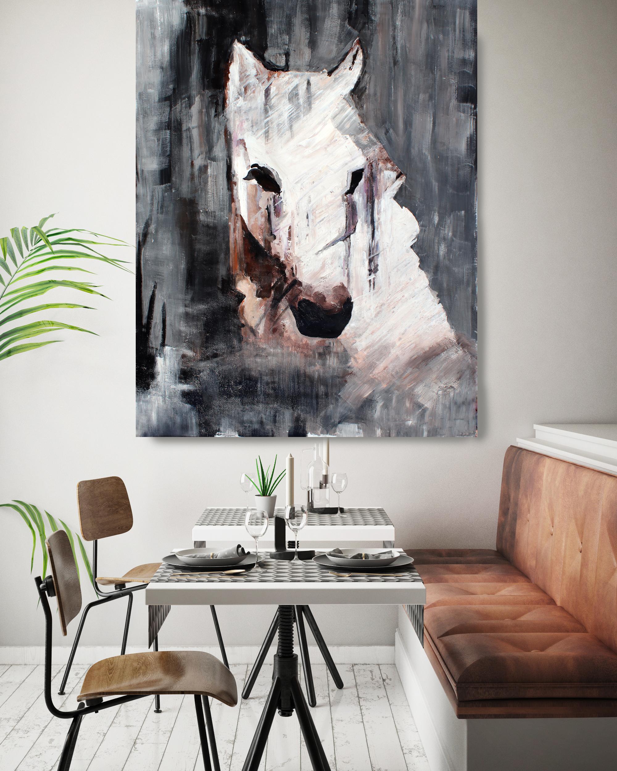 Irena Orlov Portrait Painting – Queen Horse - Ölgemälde auf Leinwand, weißes Pferdeporträt 72 H X 48 Zoll B gerollt