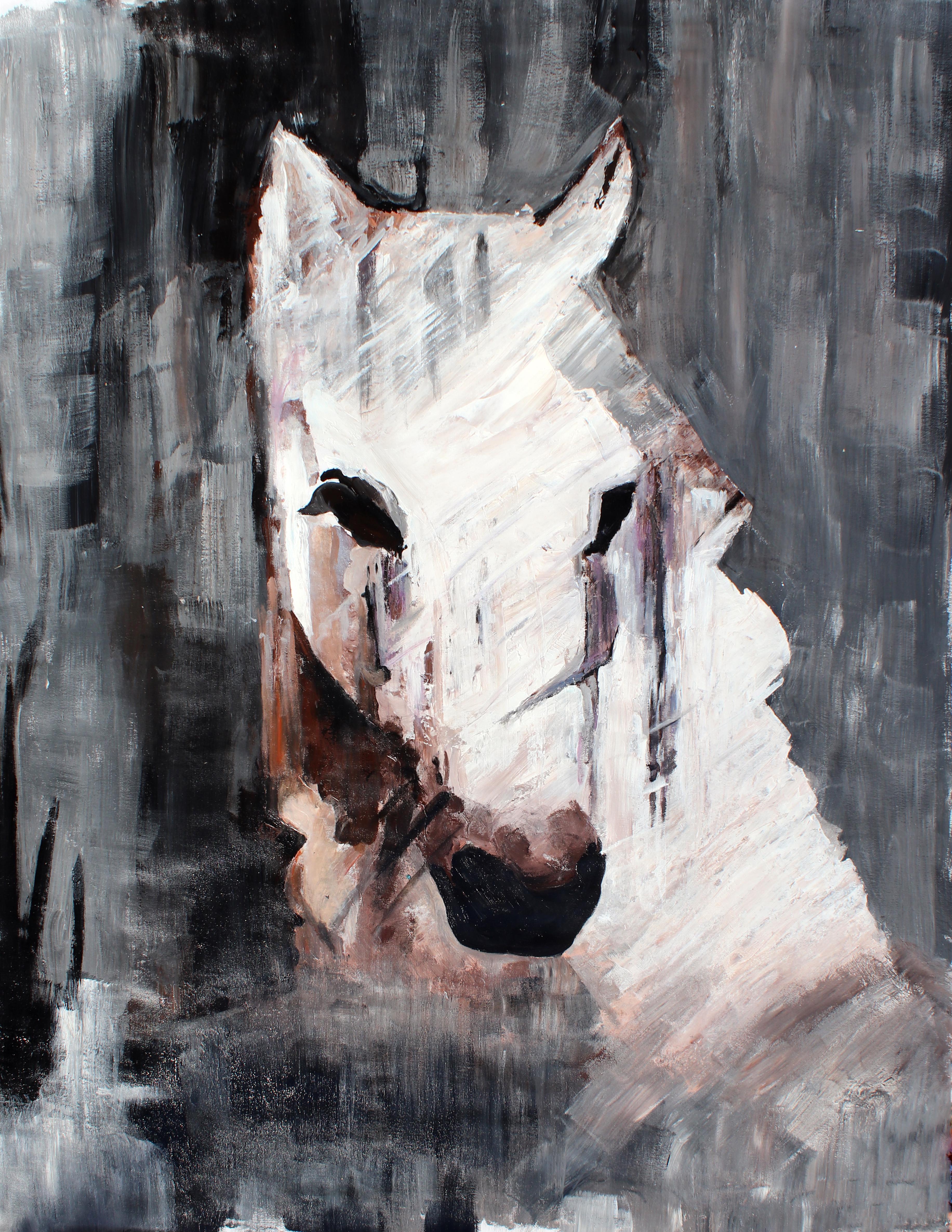 Queen Horse - Pittura a olio su tela, ritratto di cavallo bianco 72 H. X 48
