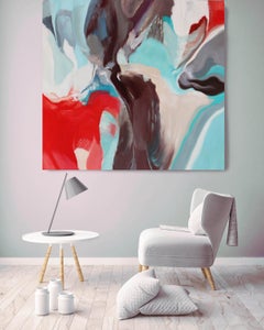 Peinture à l'huile abstraite sur toile rouge, bleue et marron, 91 x 91 cm, intérieur profond
