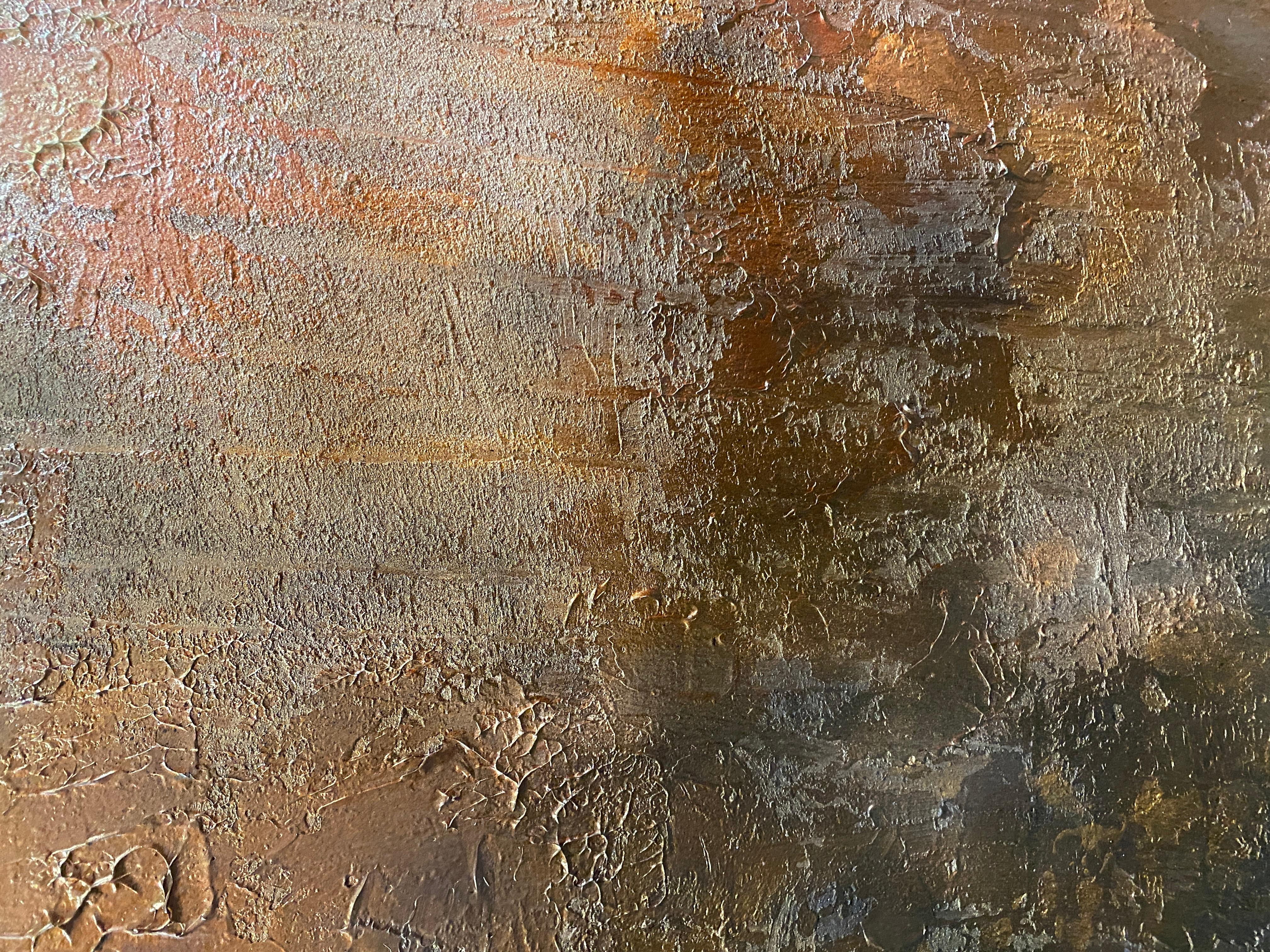 Abstraktes, schweres, strukturiertes Gemälde auf Leinwand, Kupfer, 36x48