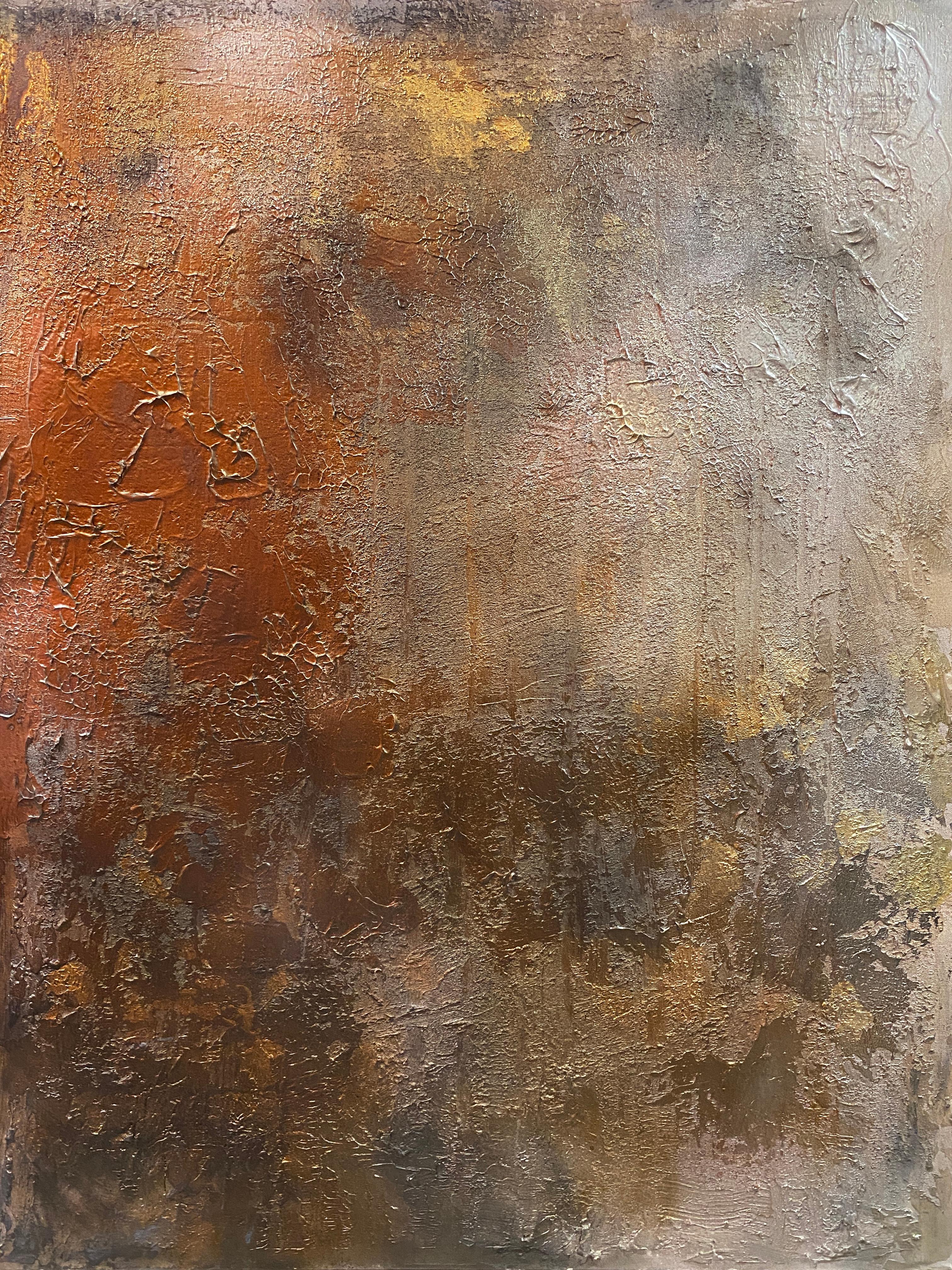 Abstraktes, schweres, strukturiertes Gemälde auf Leinwand, Kupfer, 36x48