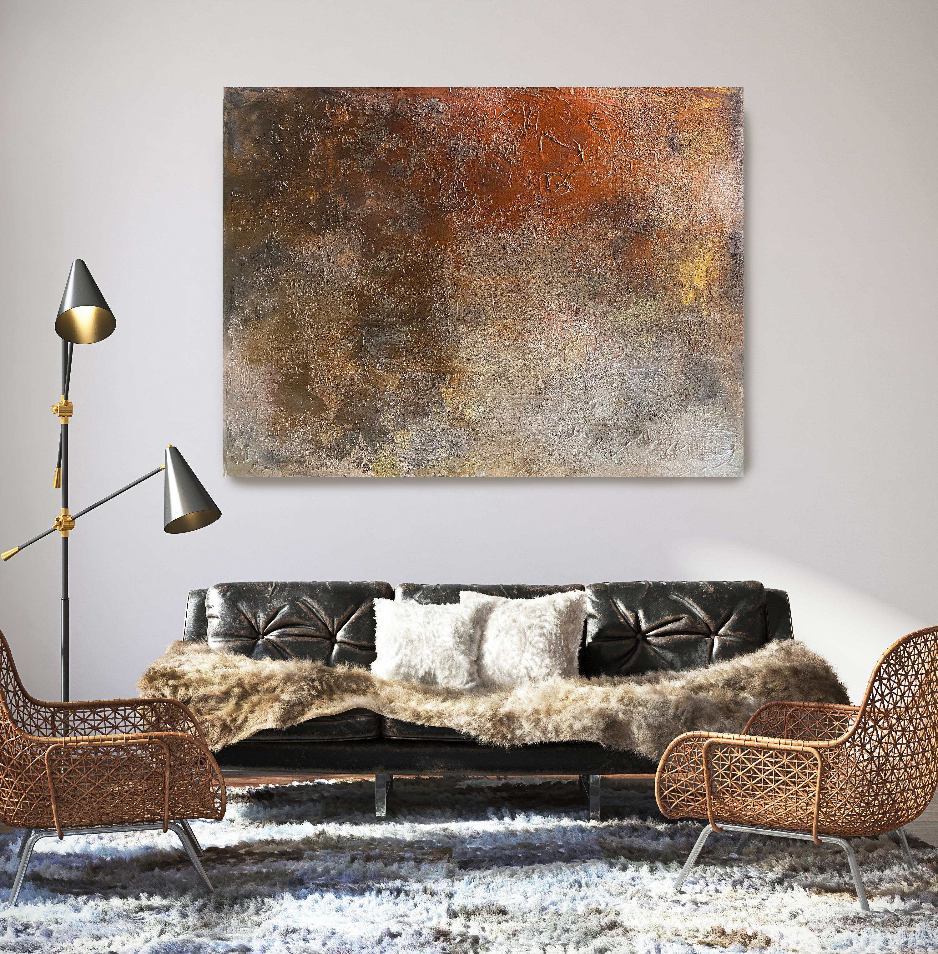 Irena Orlov Interior Painting - Copper Abstract Heavy Textured Painting on Canvas 36x48", Radiance From Within