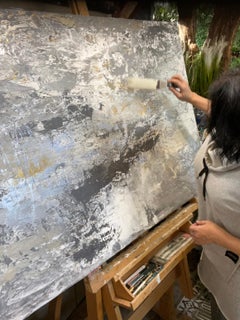 Silver Gray Gold Blue Contemporary Painting on Canvas Silver Ocean 36x48"