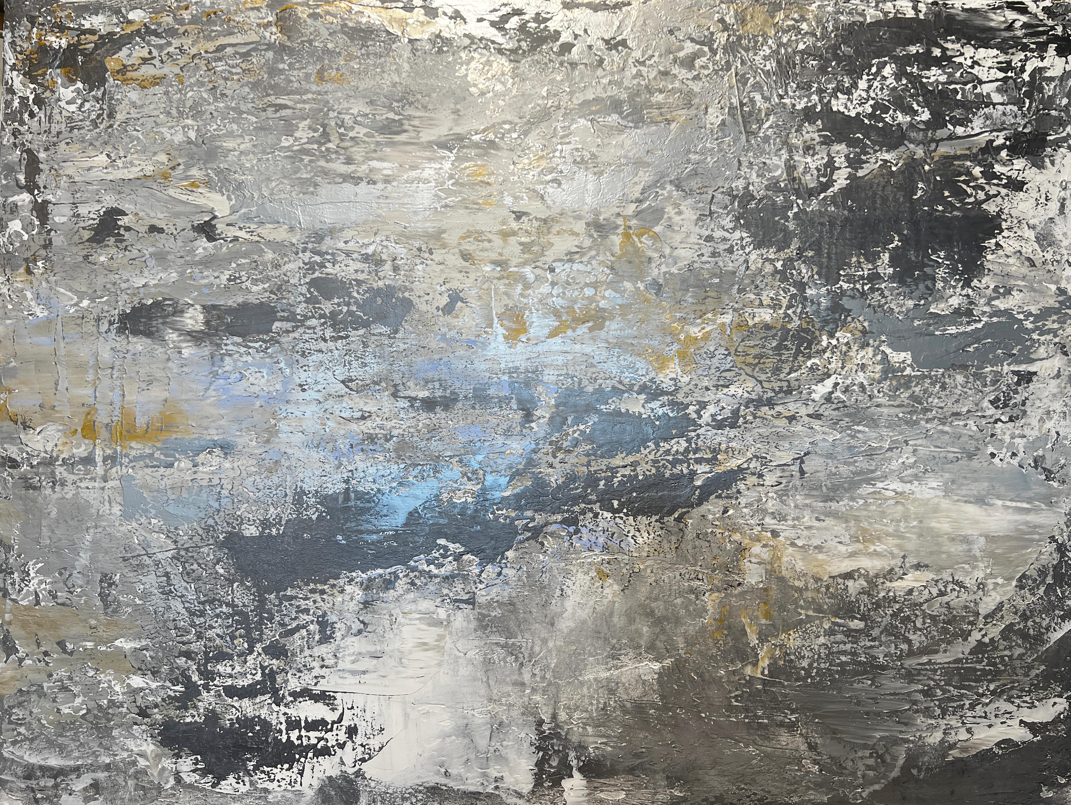 Zeitgenössisches Gemälde auf Leinwand in Silber, Grau, Gold und Blau, Silber, Ozean 36x48