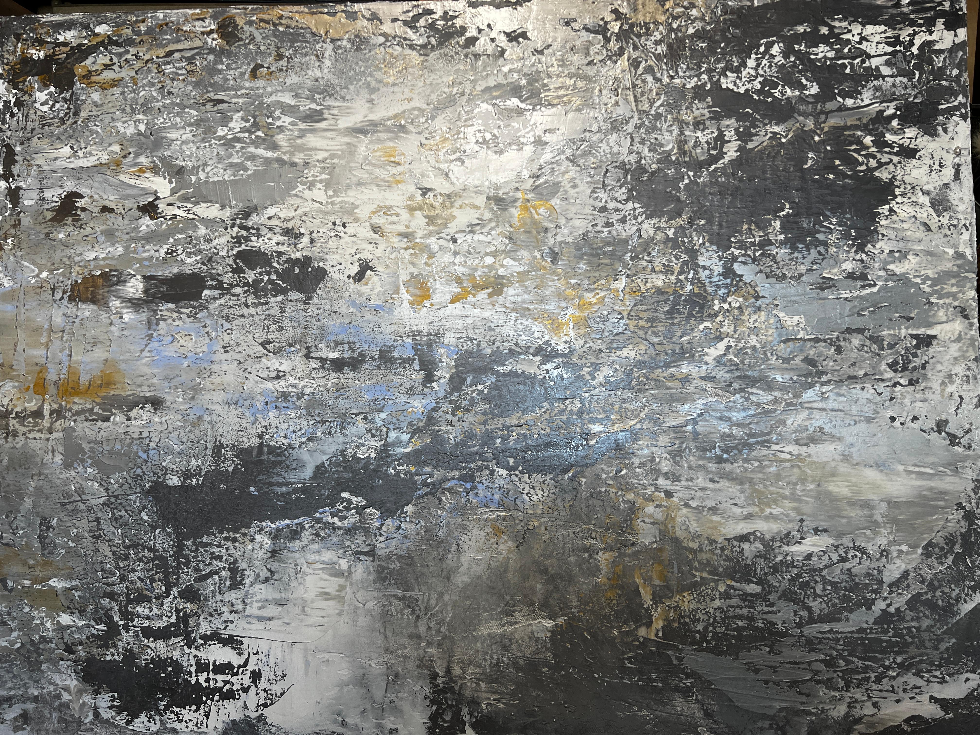 Zeitgenössisches Gemälde auf Leinwand in Silber, Grau, Gold und Blau, Silber, Ozean 36x48