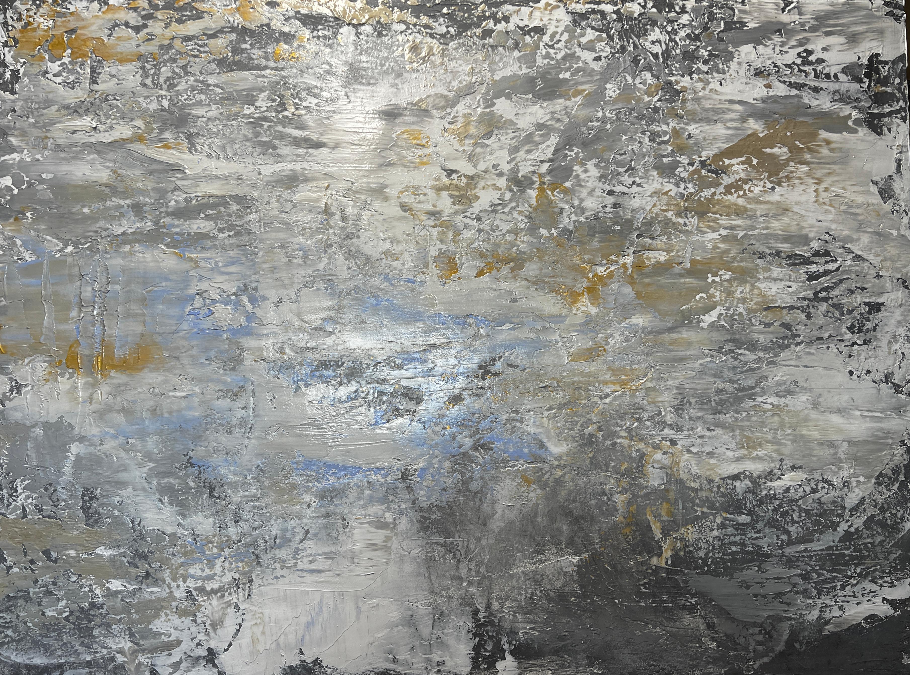 Zeitgenössisches Gemälde auf Leinwand in Silber, Grau, Gold und Blau, Silber, Ozean 36x48