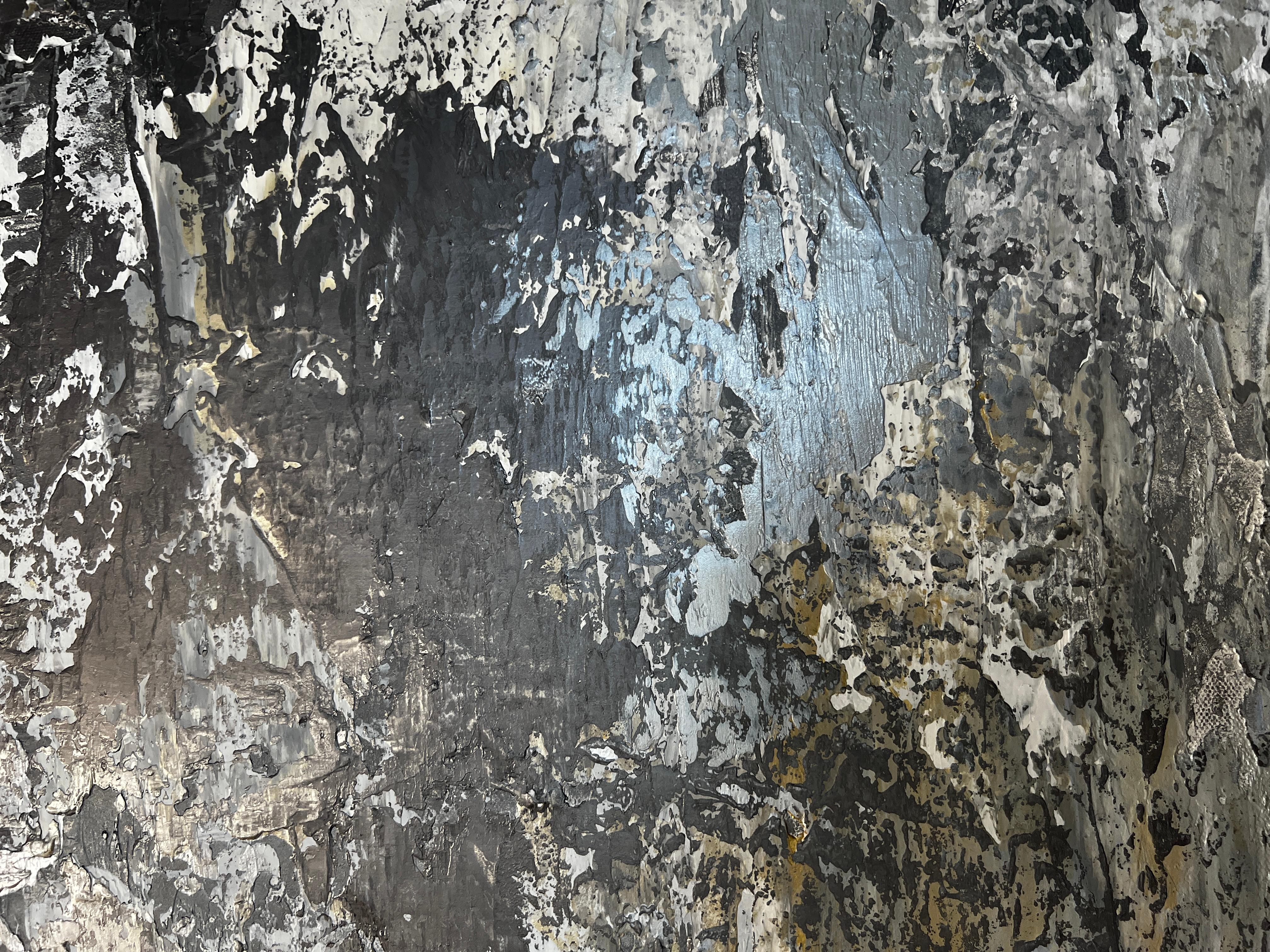 Zeitgenössisches Gemälde auf Leinwand in Silber, Grau, Gold und Blau, Silber, Ozean 36x48