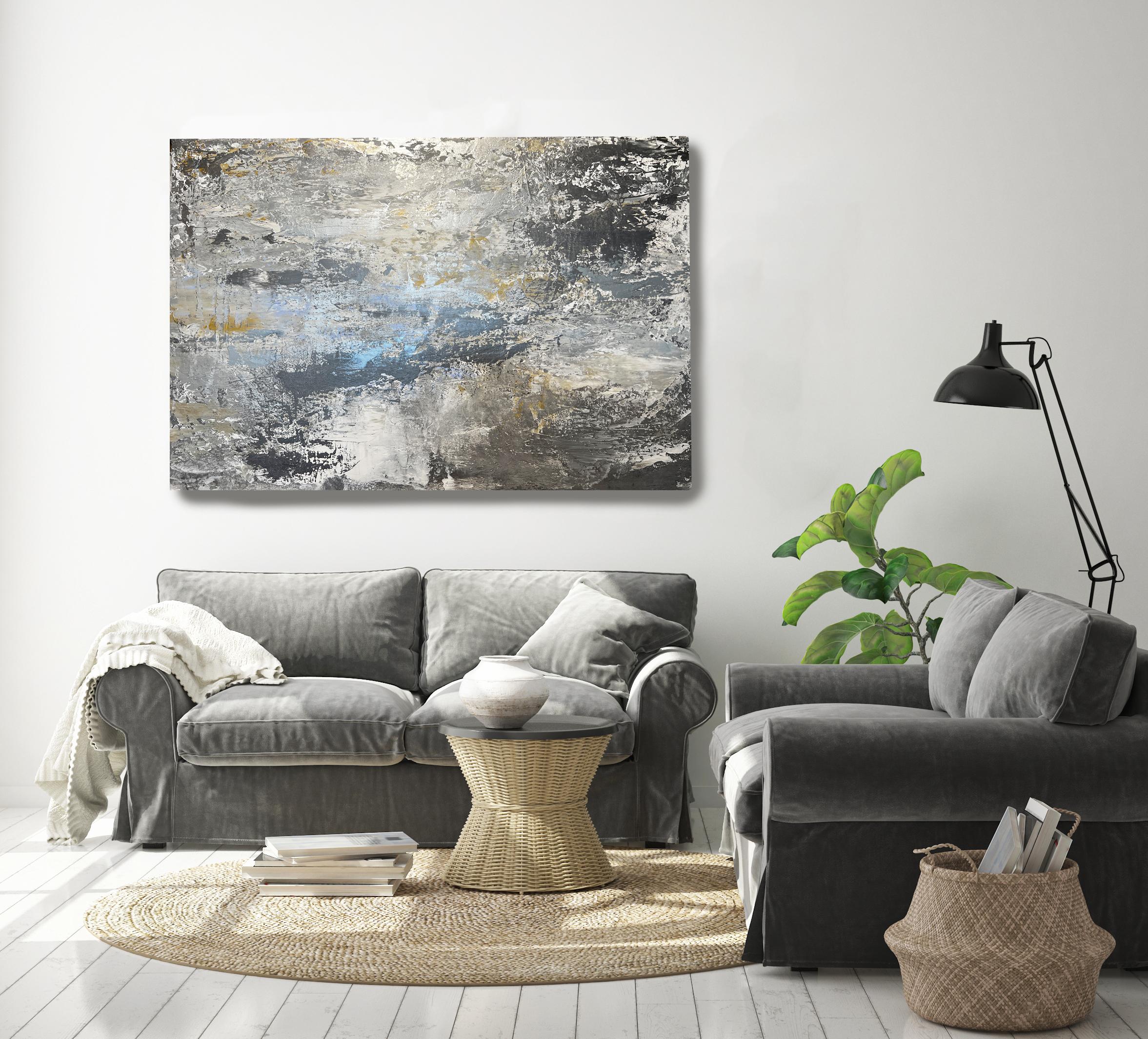 Irena Orlov Abstract Painting – Zeitgenössisches Gemälde auf Leinwand in Silber, Grau, Gold und Blau, Silber, Ozean 36x48" 