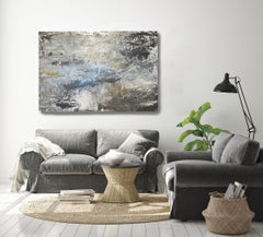Silver Gray Gold Blue Contemporary Painting on Canvas Silver Ocean 36x48" 
