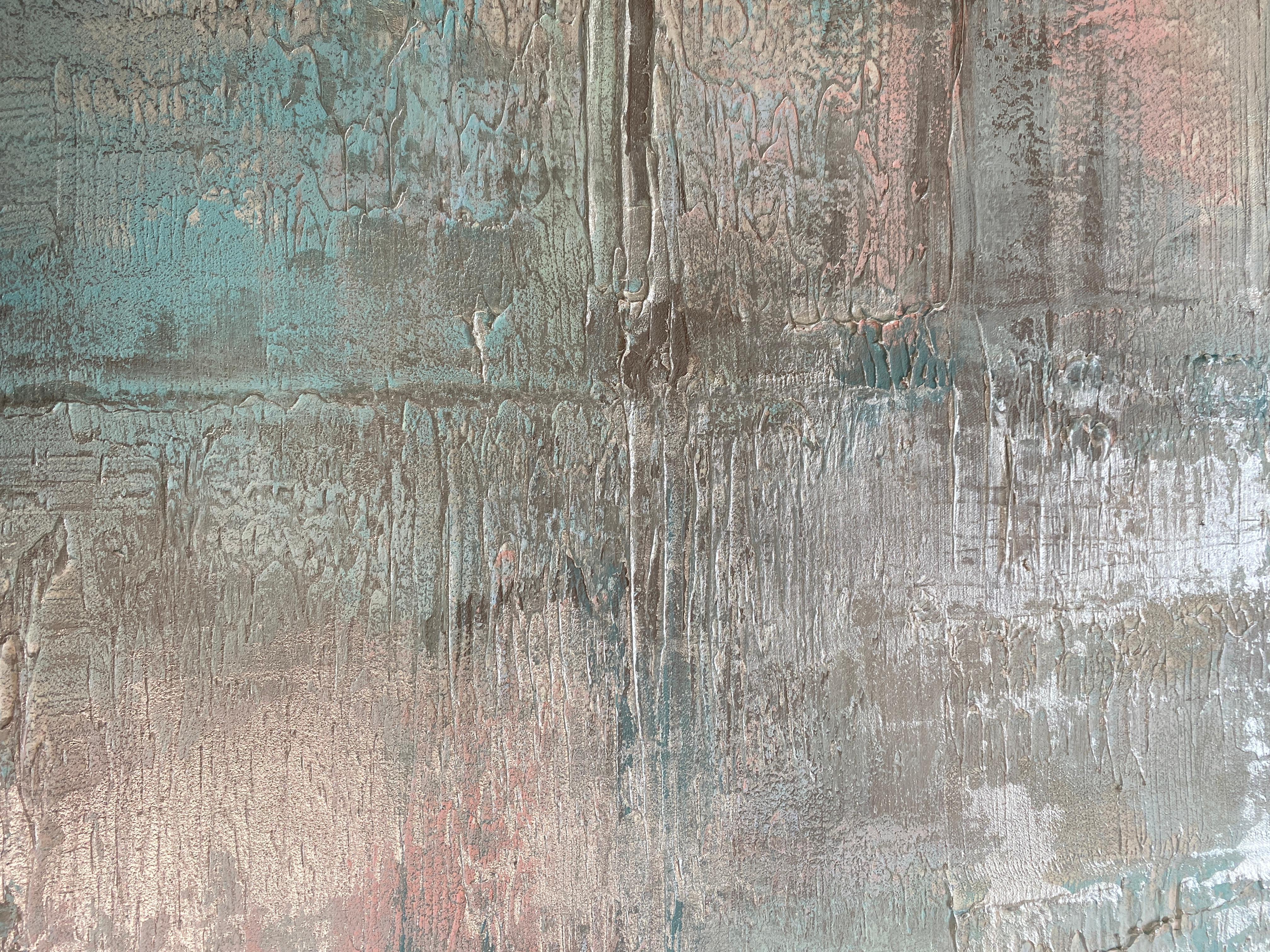 Silver Pink Teal Abstract Painting, Hand Embellished Giclee on Canvas - Gray Interior Painting by Irena Orlov