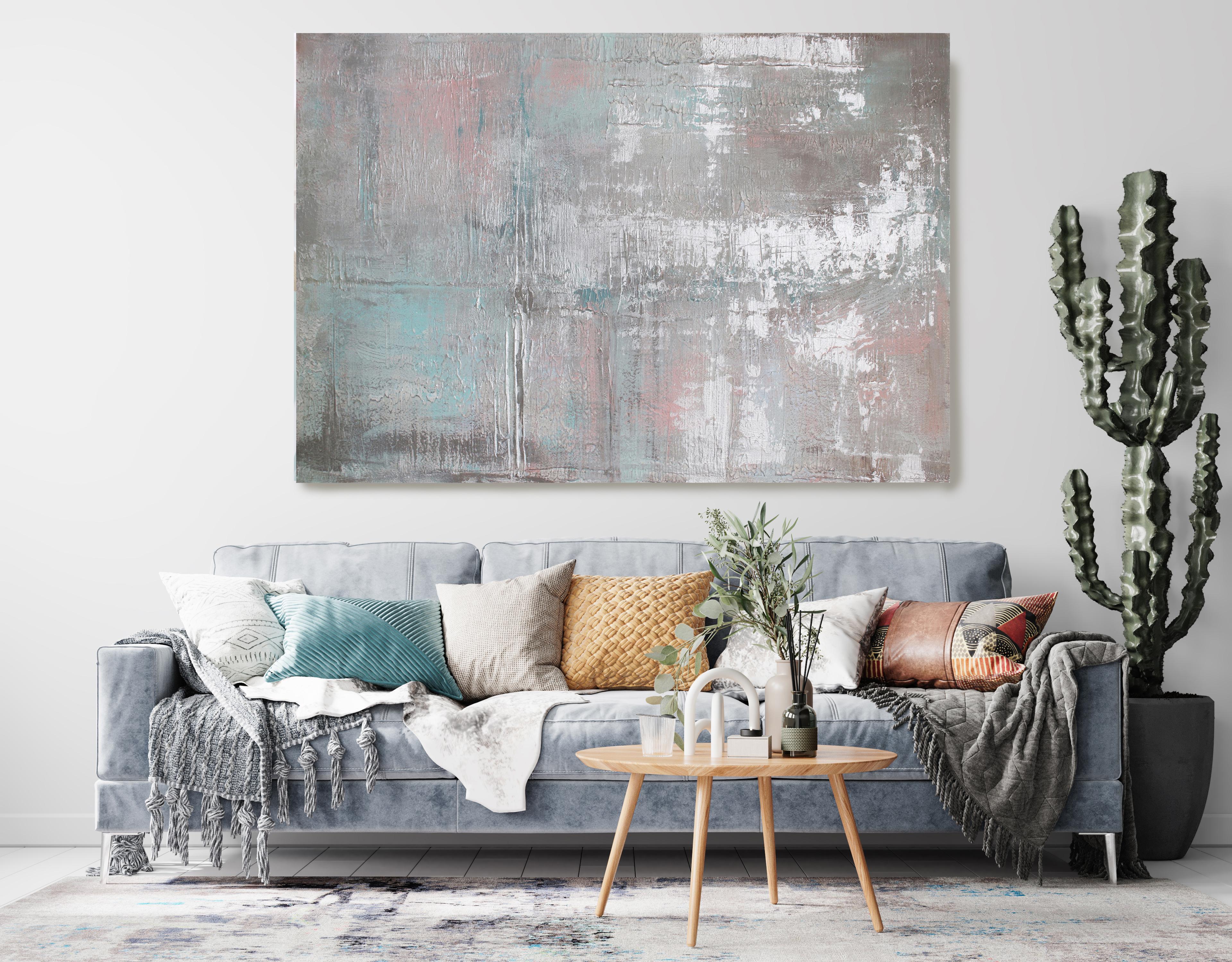 Irena Orlov Interior Painting - Silver Pink Teal Abstract Painting, Hand Embellished Giclee on Canvas