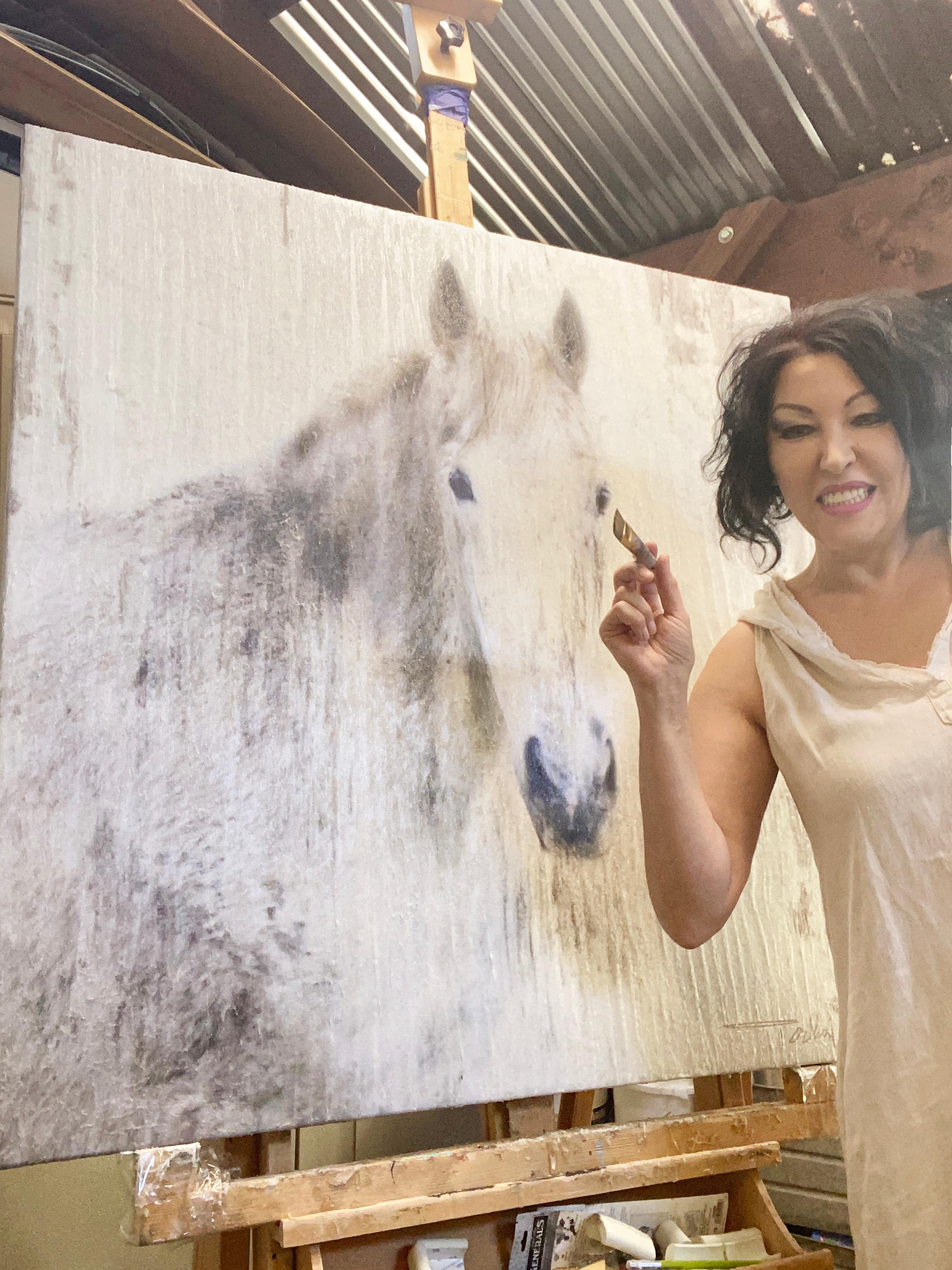 Peinture à l'huile sur toile « White Beauty » représentant un cheval rustique - Art équestre - Peinture sur toile « 58X58 » avec cheval en vente 6