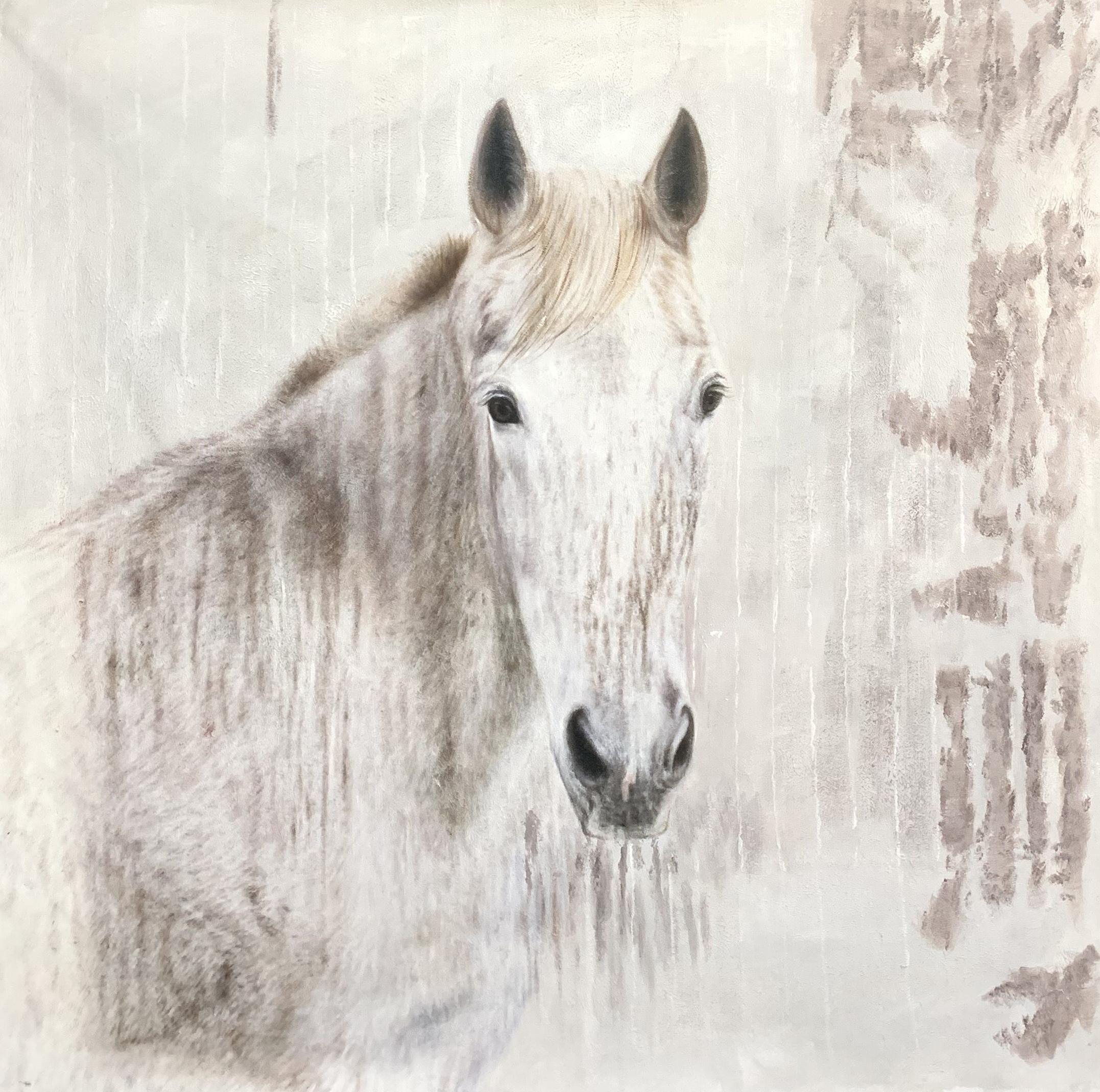 Peinture à l'huile sur toile « White Beauty » représentant un cheval rustique - Art équestre - Peinture sur toile « 58X58 » avec cheval - Painting de Irena Orlov
