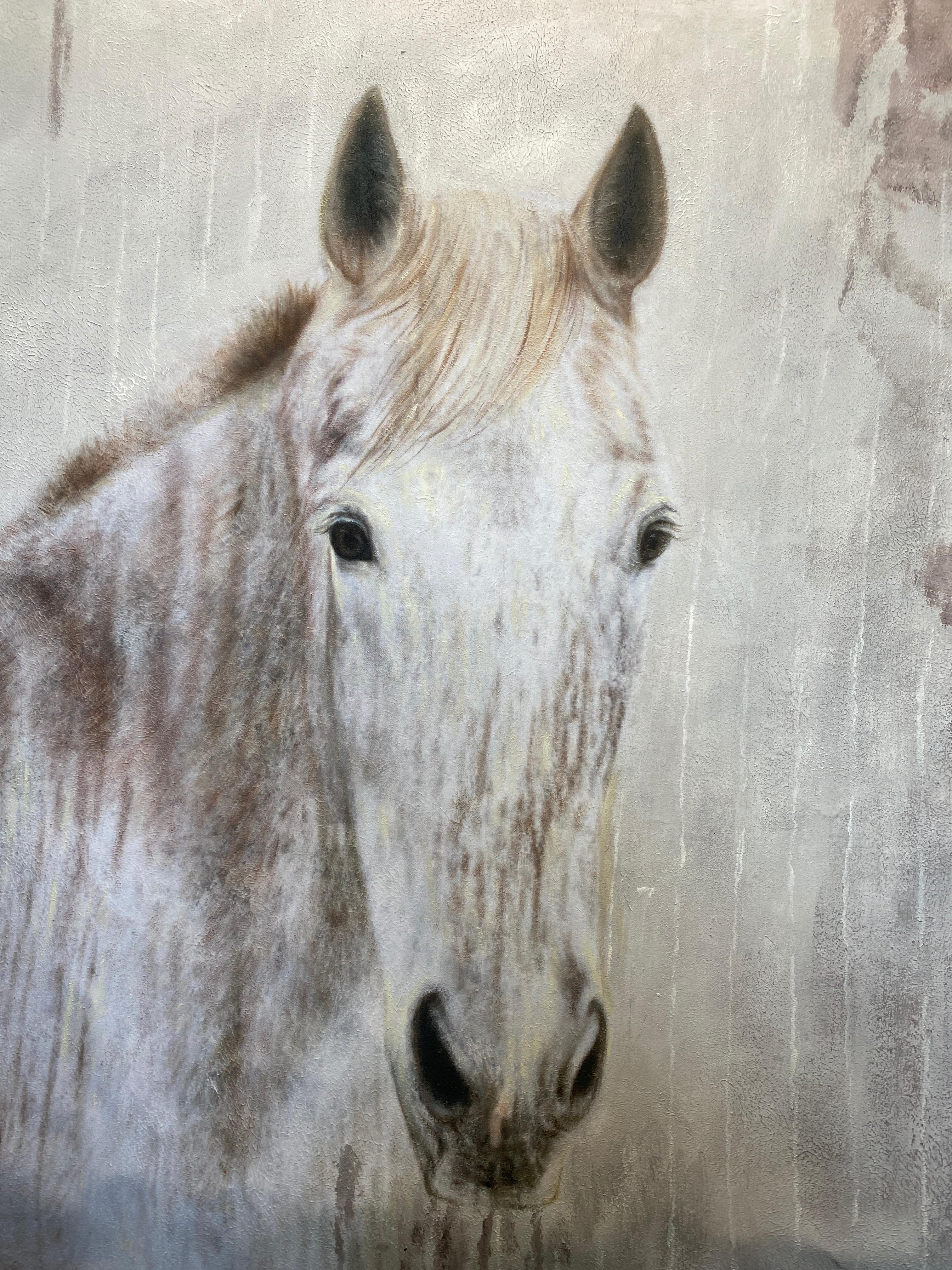 Peinture à l'huile sur toile « White Beauty » représentant un cheval rustique - Art équestre - Peinture sur toile « 58X58 » avec cheval en vente 1