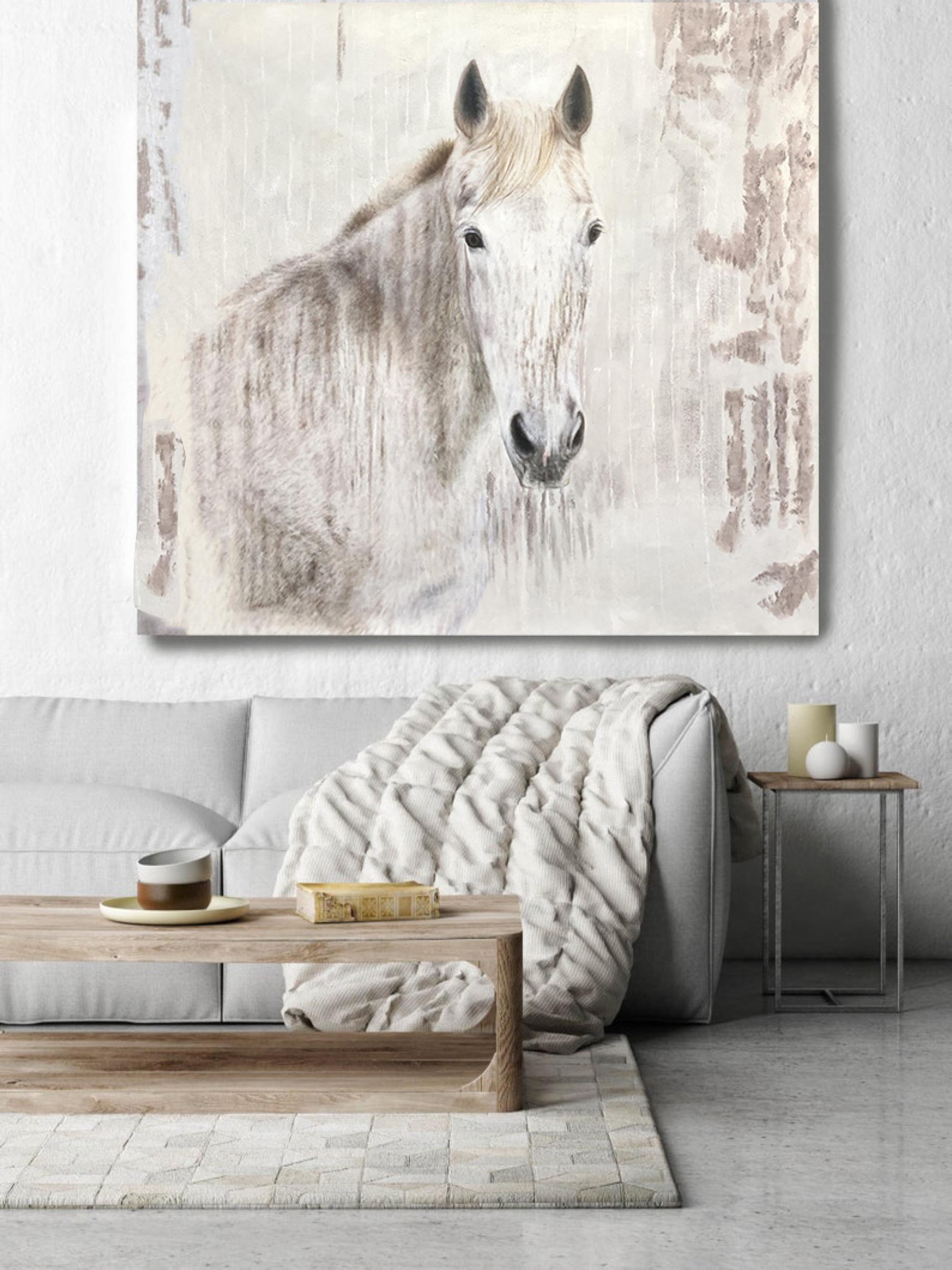 Animal Painting Irena Orlov - Peinture à l'huile sur toile « White Beauty » représentant un cheval rustique - Art équestre - Peinture sur toile « 58X58 » avec cheval