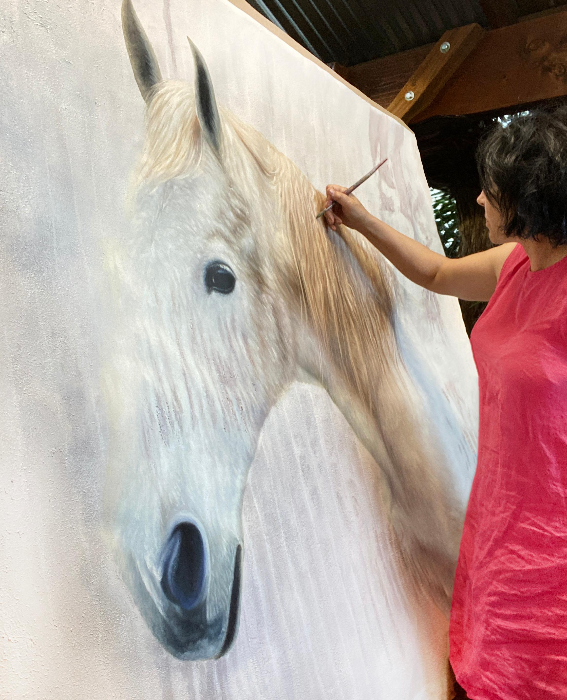 Weißweißes rustikales Bauernhauspferd Ölgemälde auf Leinwand 50Hx72W Pferdeporträt Kunst im Angebot 6
