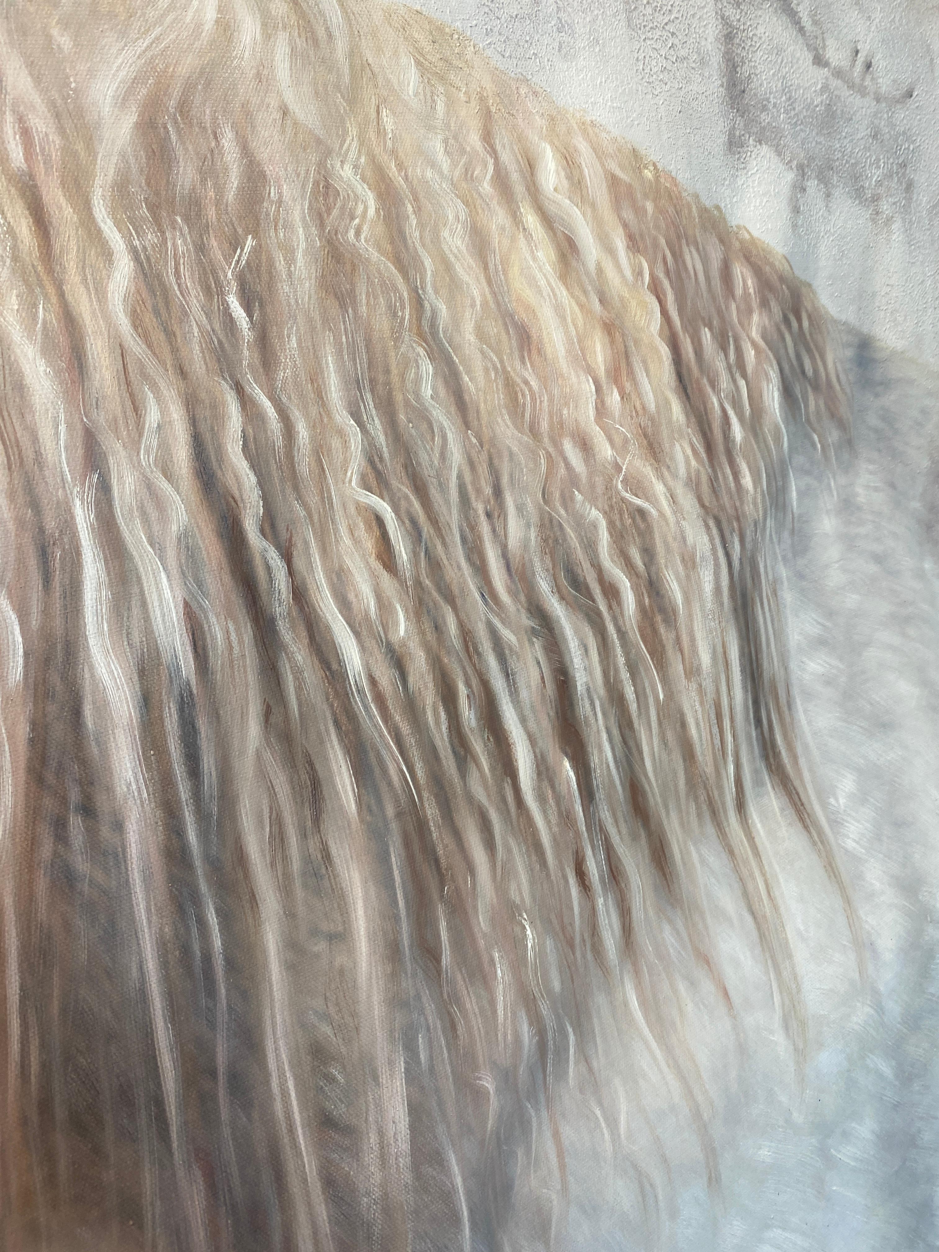 Peinture à l'huile sur toile, portrait de cheval de ferme rustique, blanc, 50 Hx72 W en vente 7