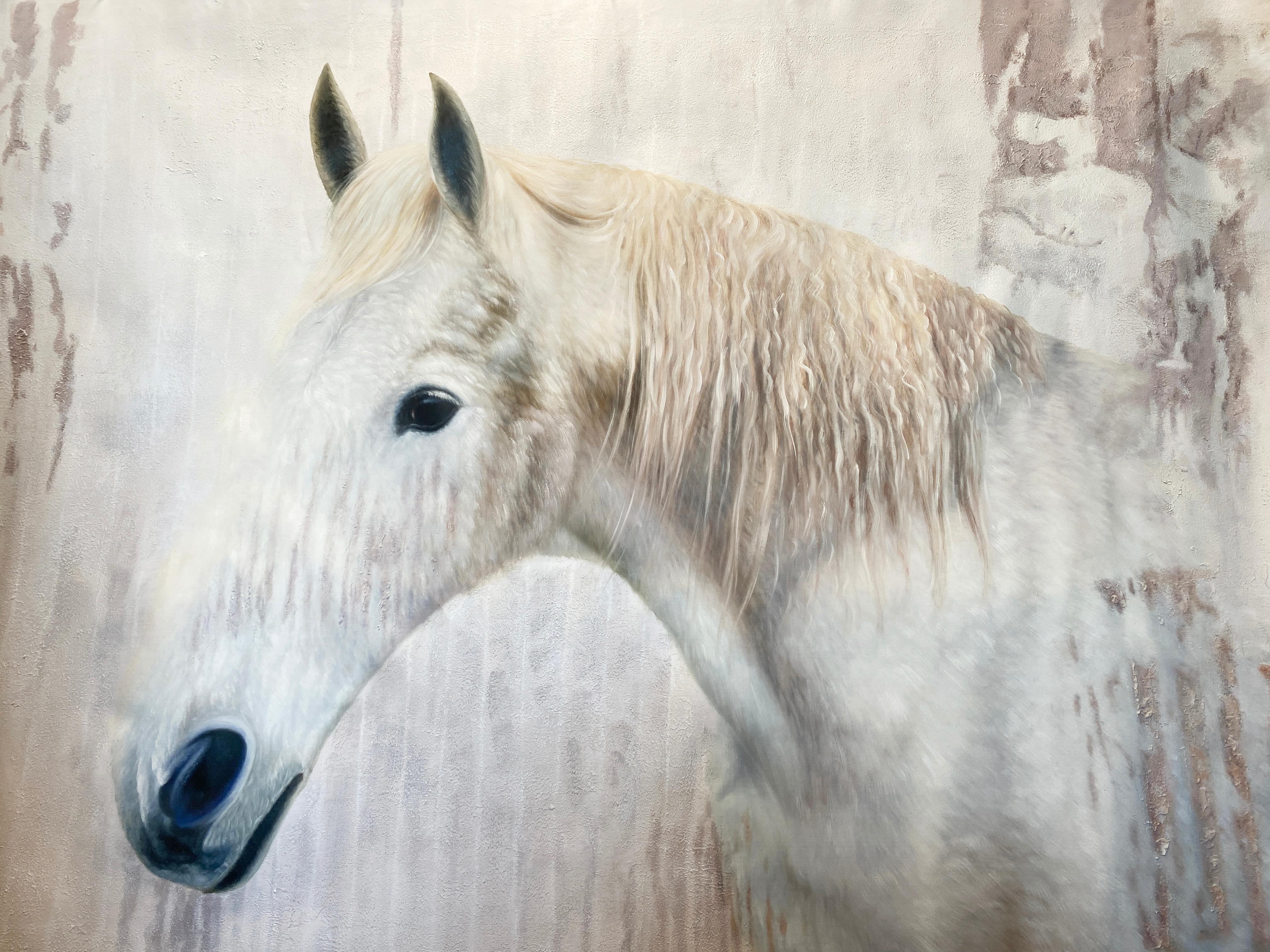 Peinture à l'huile sur toile, portrait de cheval de ferme rustique, blanc, 50 Hx72 W - Painting de Irena Orlov