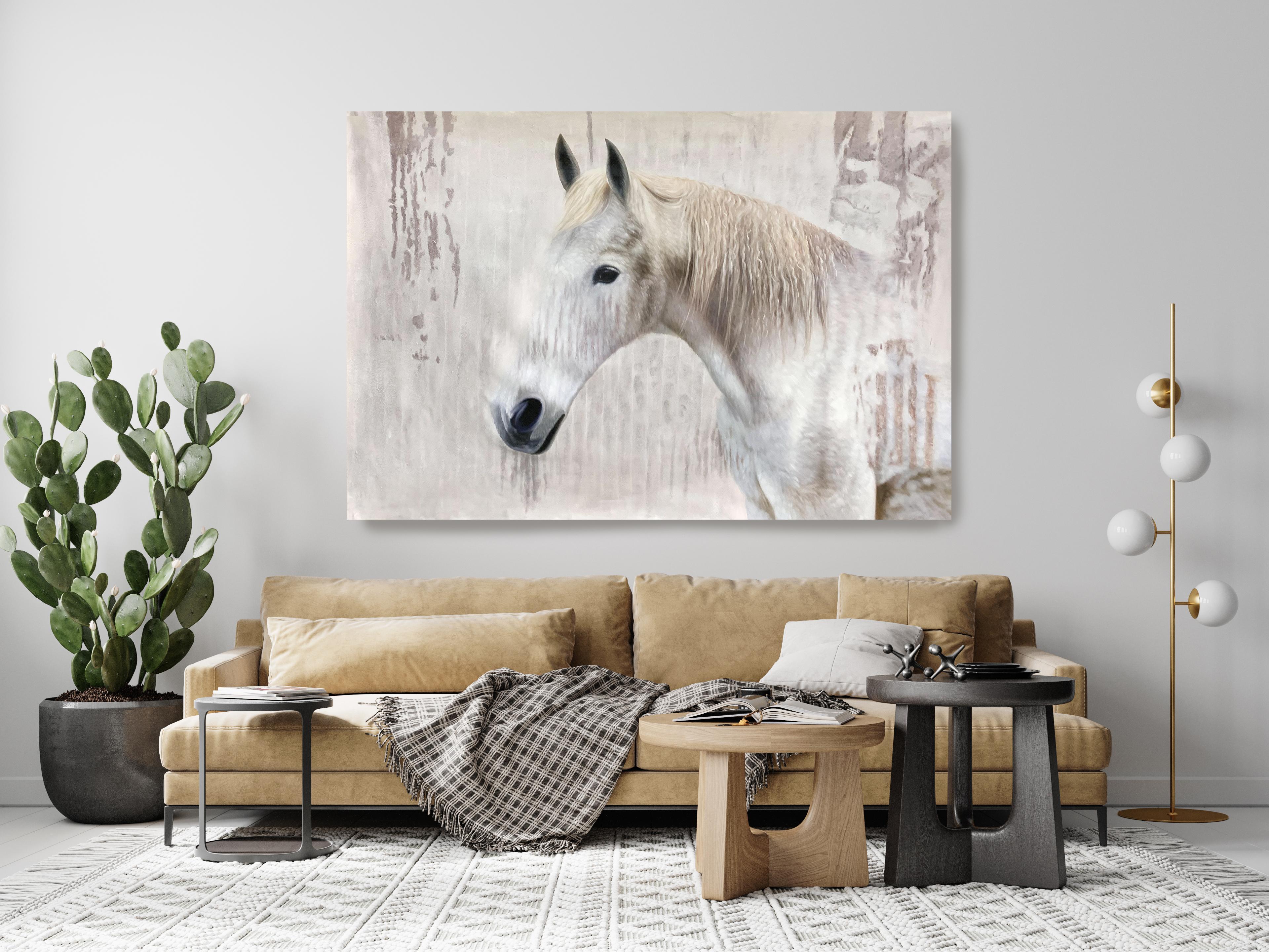 Pittura a olio su tela con cavallo rustico bianco 50Hx72W Ritratto di cavallo