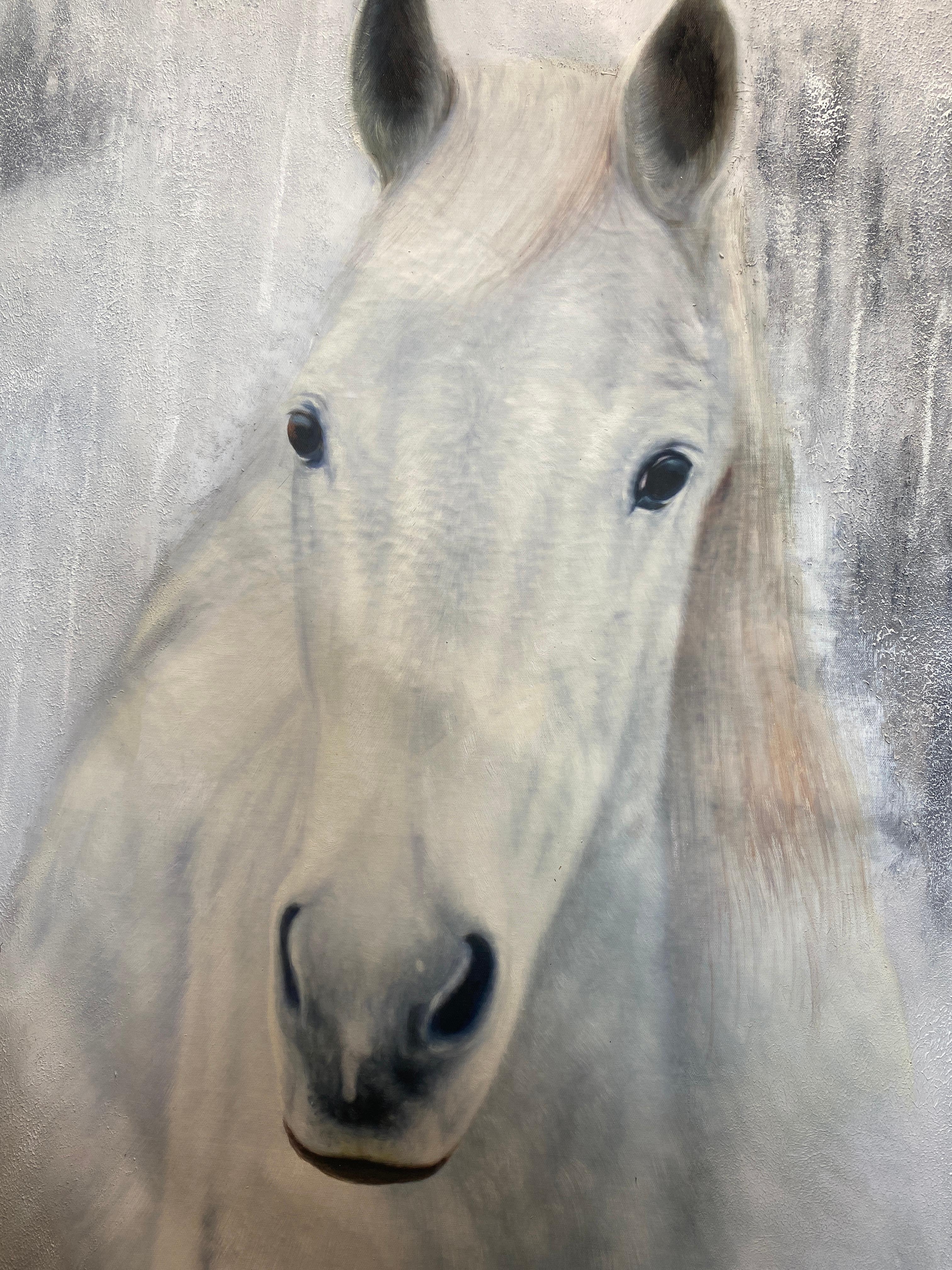 White Western Horse Oil Painting on Canvas 50Hx72W Horse Portrait Art For Sale 4