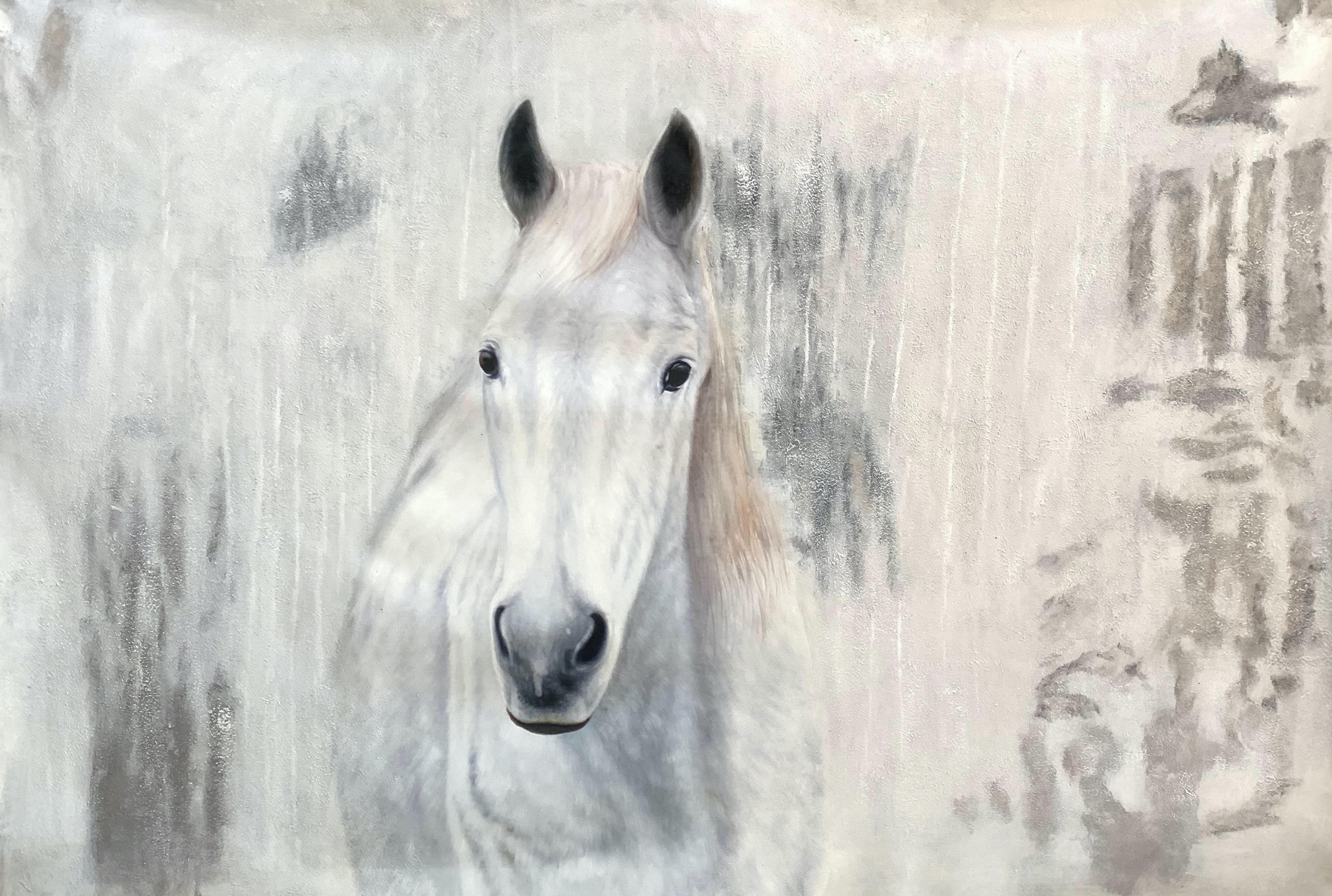 Weißes Westernpferd Ölgemälde auf Leinwand 50Hx72W Pferdeportrait Kunst – Painting von Irena Orlov