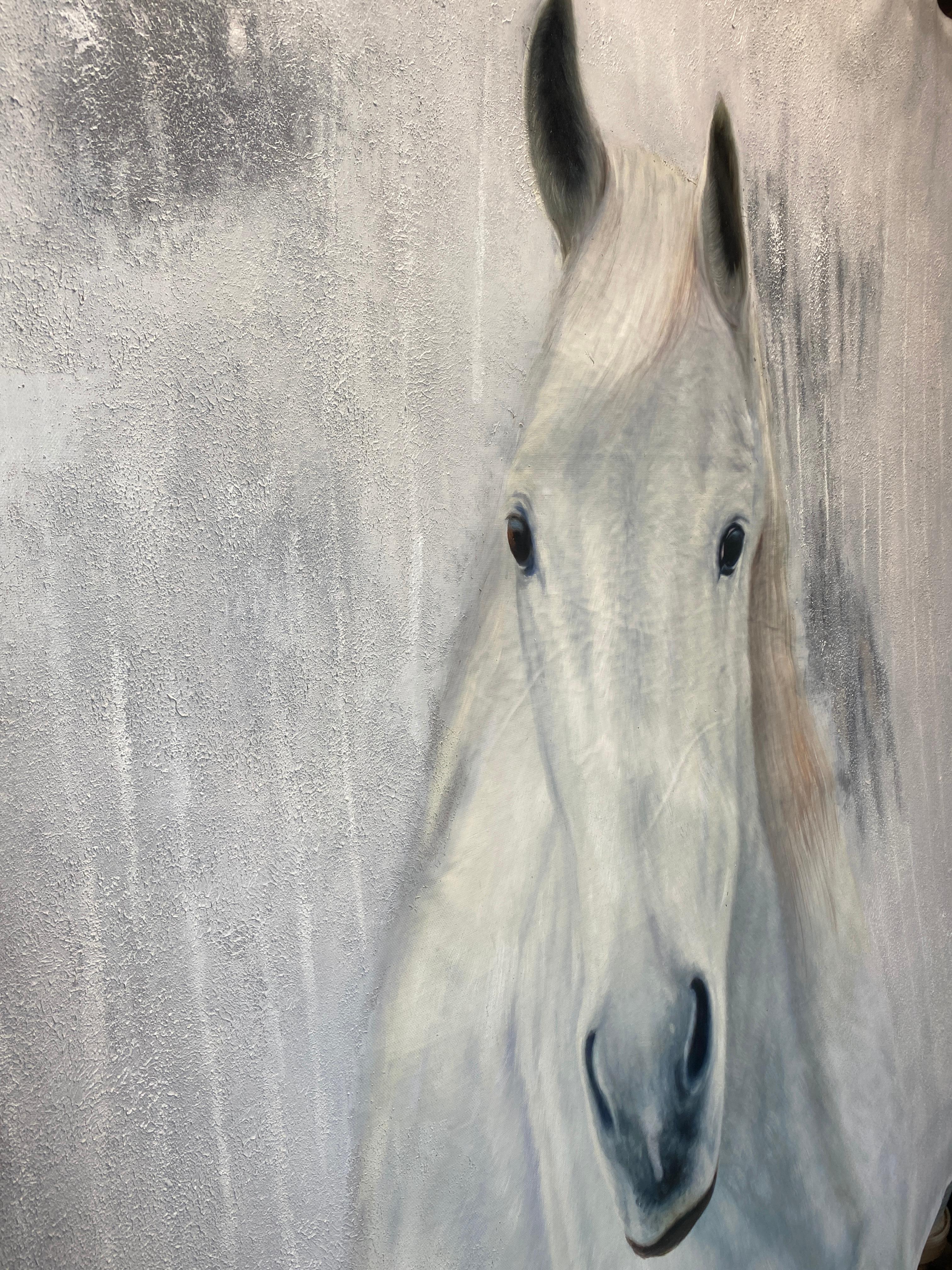 White Western Horse Oil Painting on Canvas 50Hx72W Horse Portrait Art - Gray Animal Painting by Irena Orlov